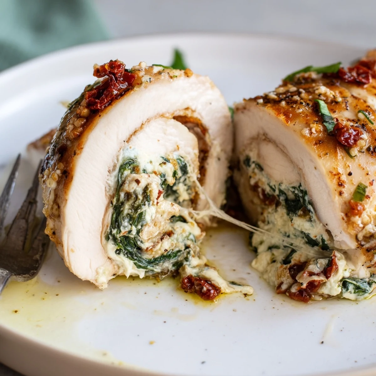 Sliced Cheesy Spinach Stuffed Chicken Sun Dried Tomato Flavor reveals creamy spinach center