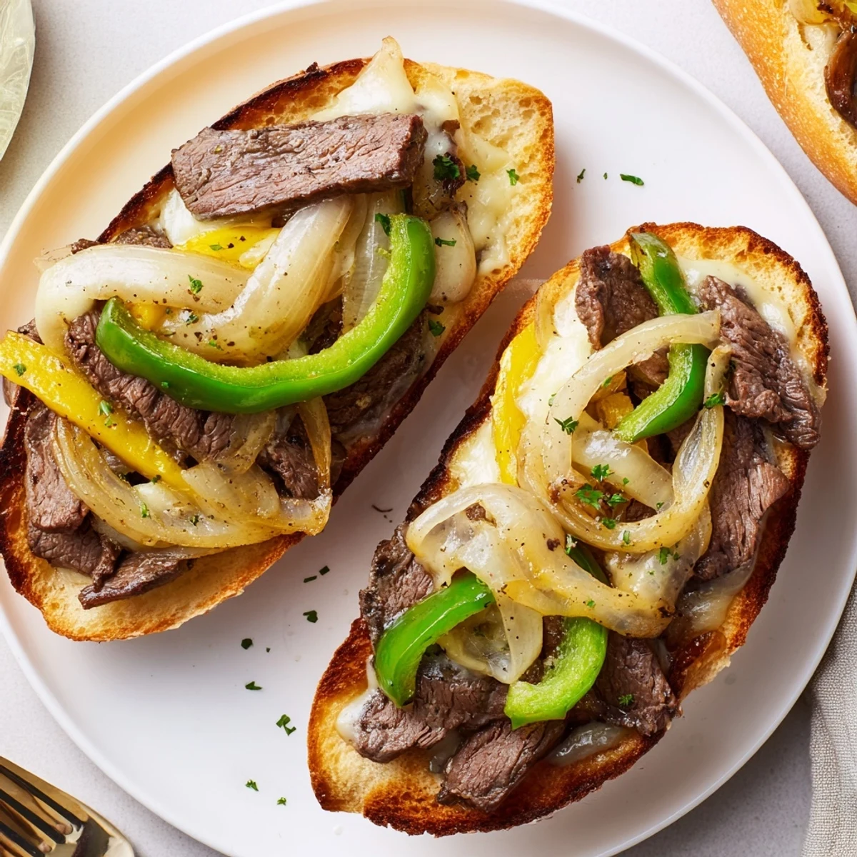Philly Cheesesteak Garlic Bread with melted provolone, sizzling steak and caramelized onions