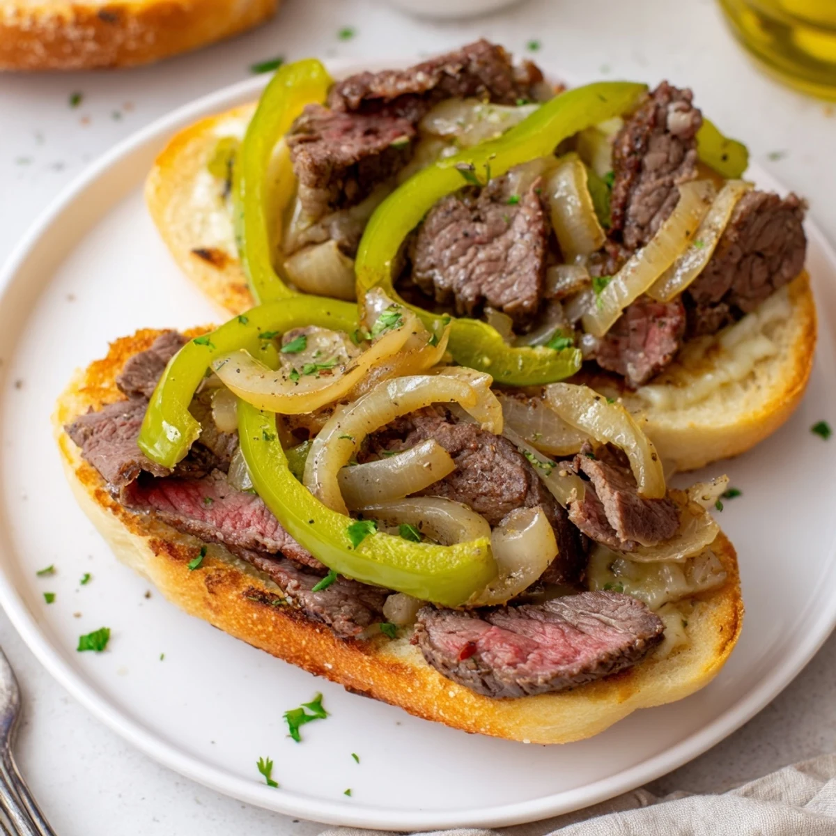 Warm Philly Cheesesteak Garlic Bread sliced for sharing, buttery, crisp edges