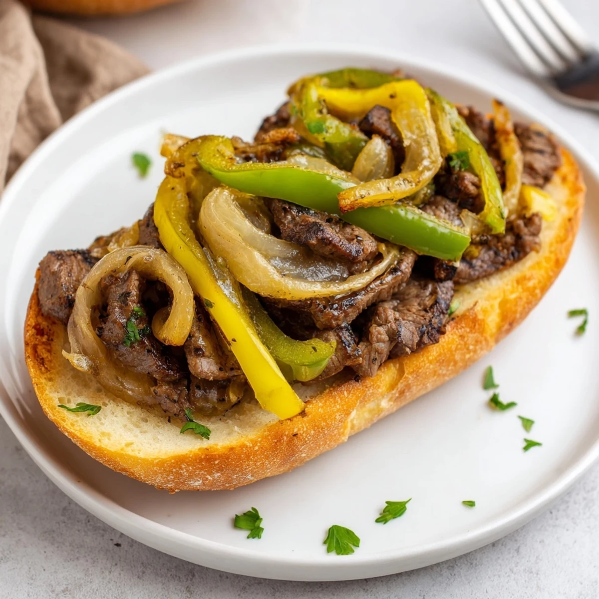 Oven-baked Philly Cheesesteak Garlic Bread topped with peppers, gooey cheese, parsley