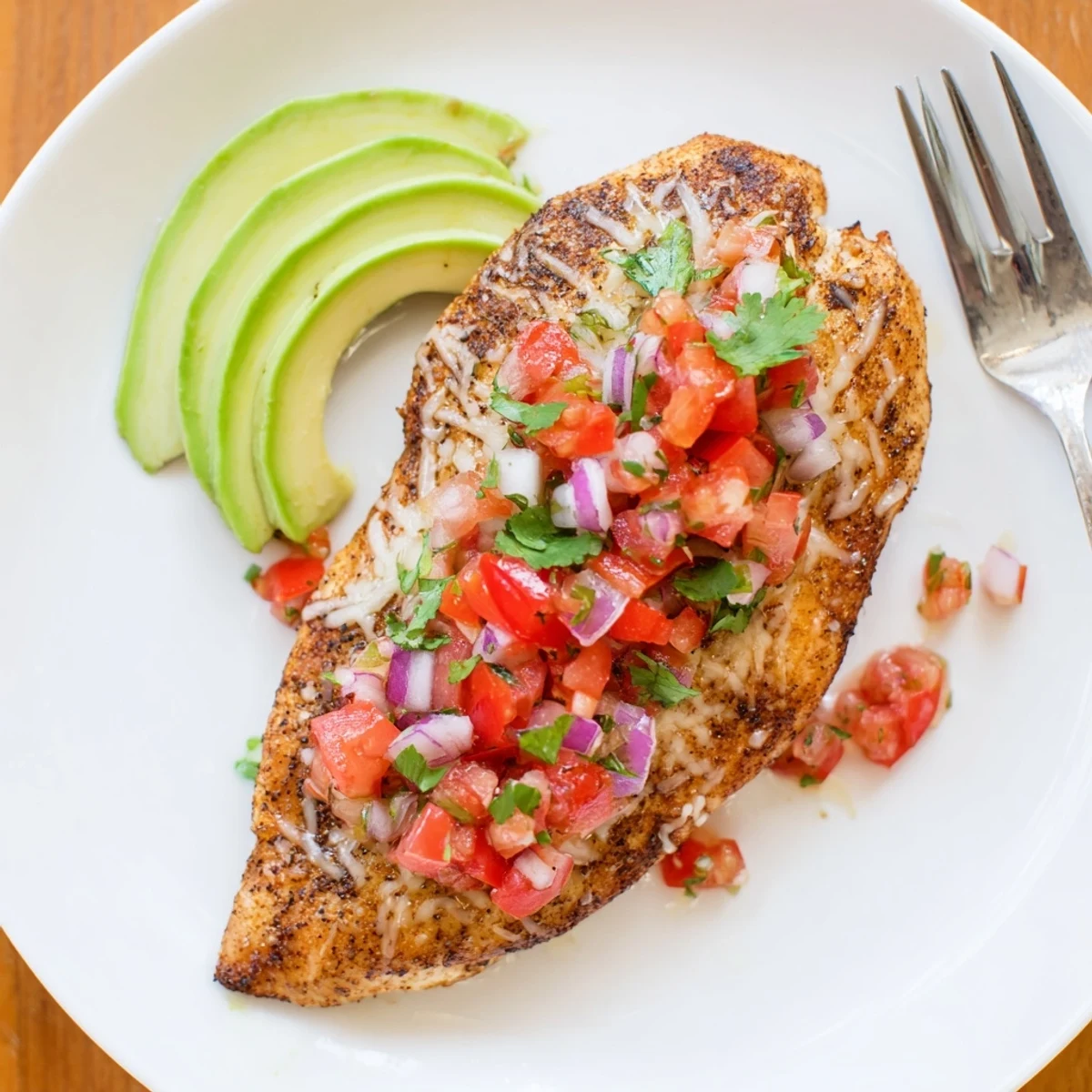 Oven-roasted Salsa Fresca Chicken Bake topped with zesty lime and avocado