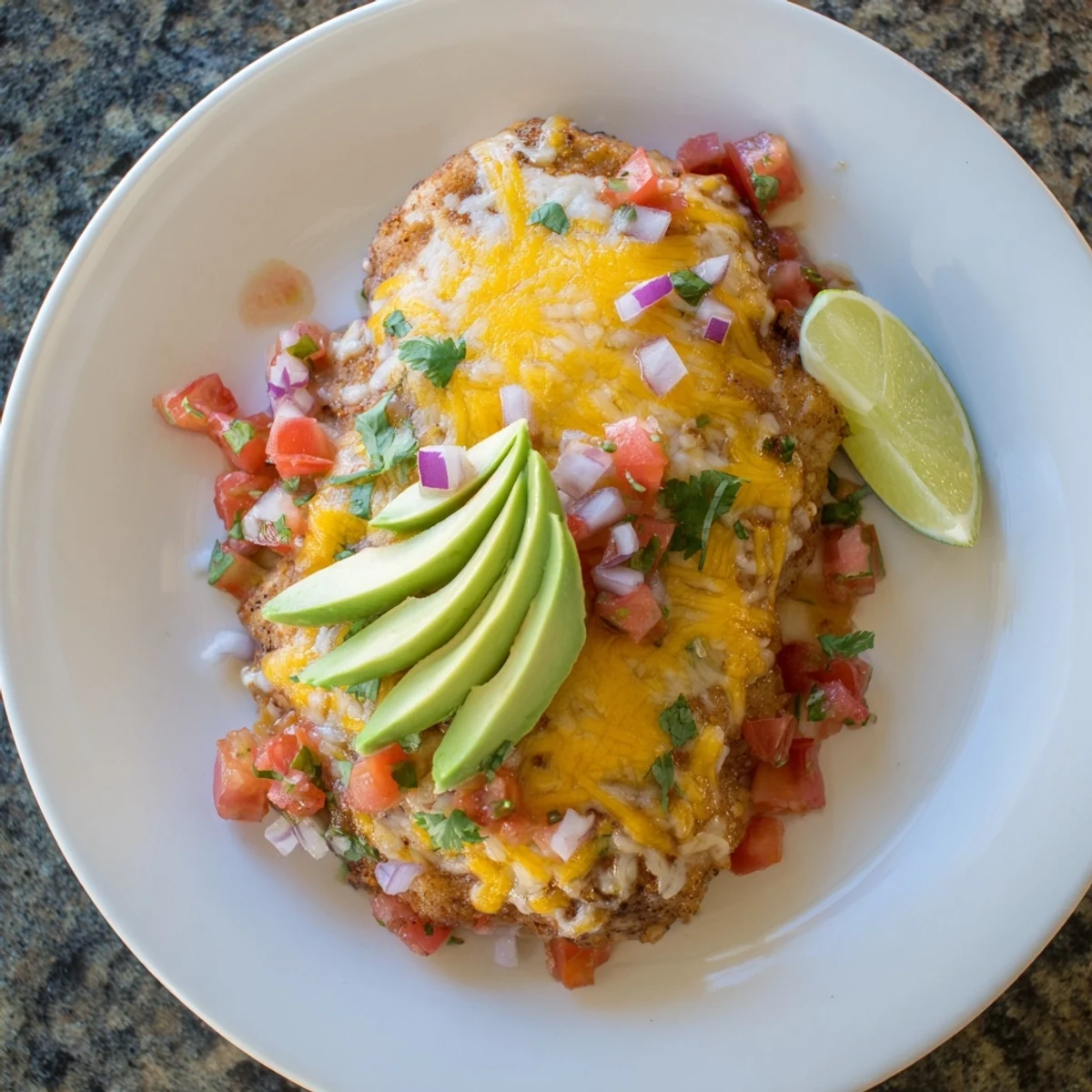 Salsa Fresca Chicken Bake with bubbling melted cheese and fresh cilantro