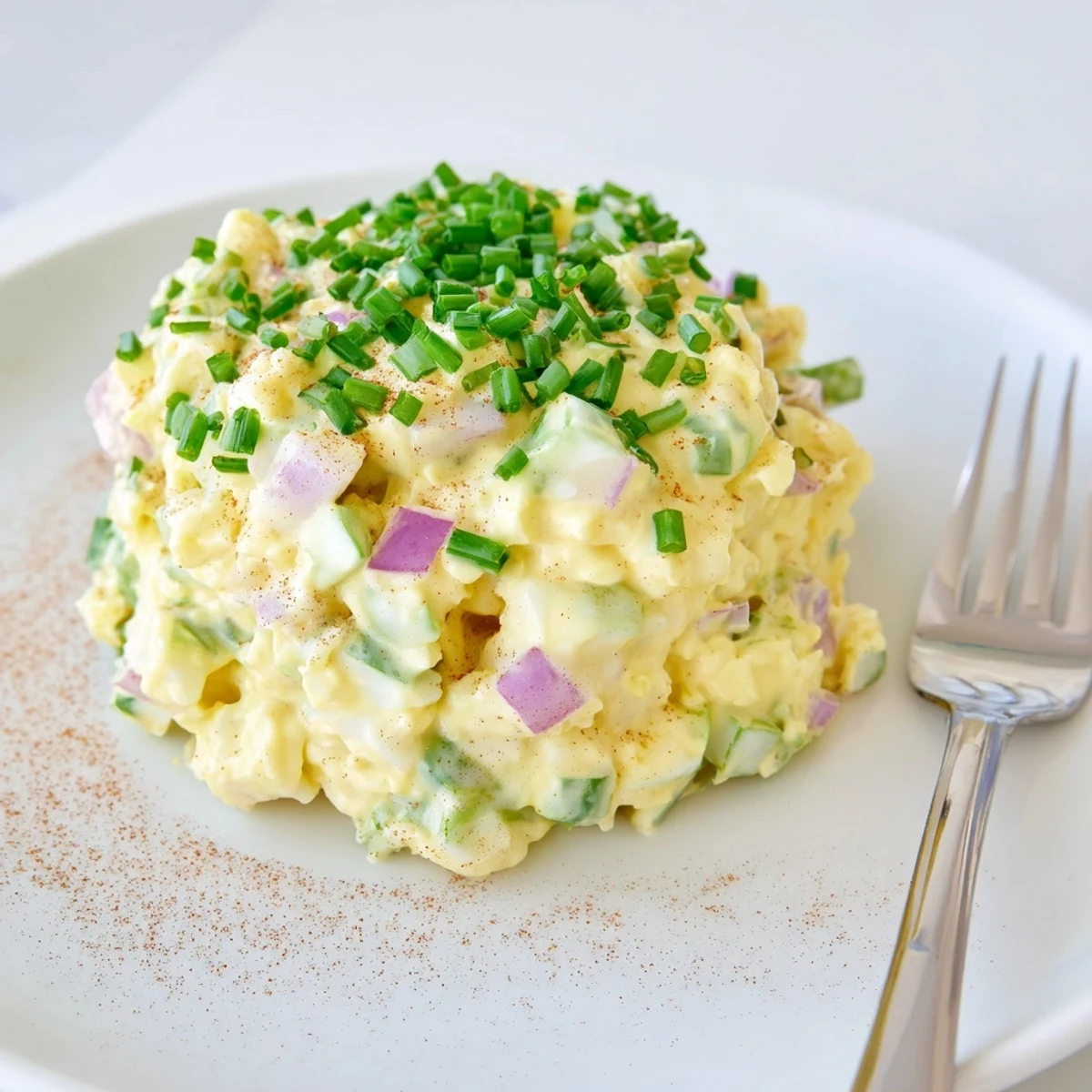 Chilled Classic Egg Salad Recipe in bowl, crisp celery and red onion
