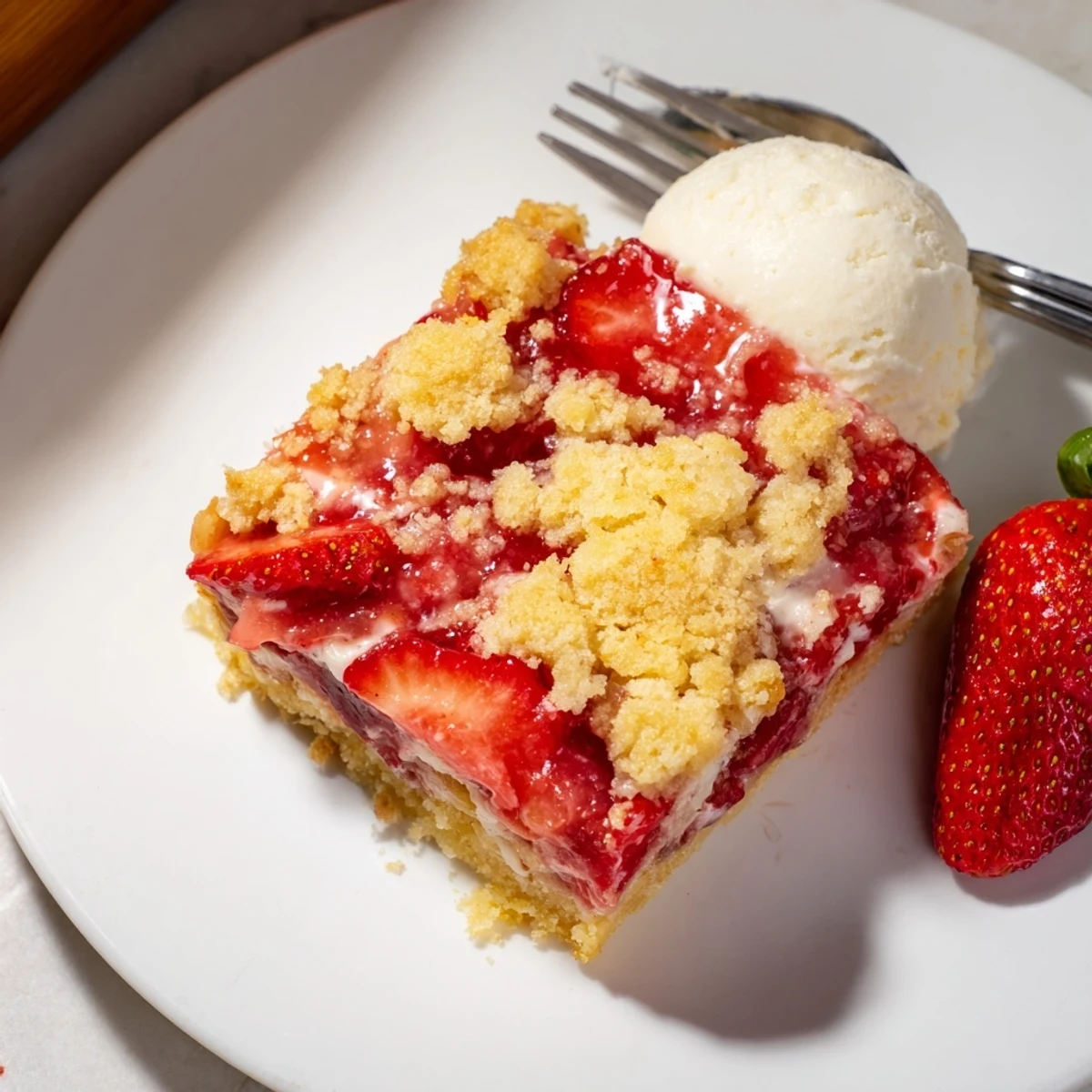 Baking Strawberry Cheesecake Dump Cake, golden top and bubbling edges  