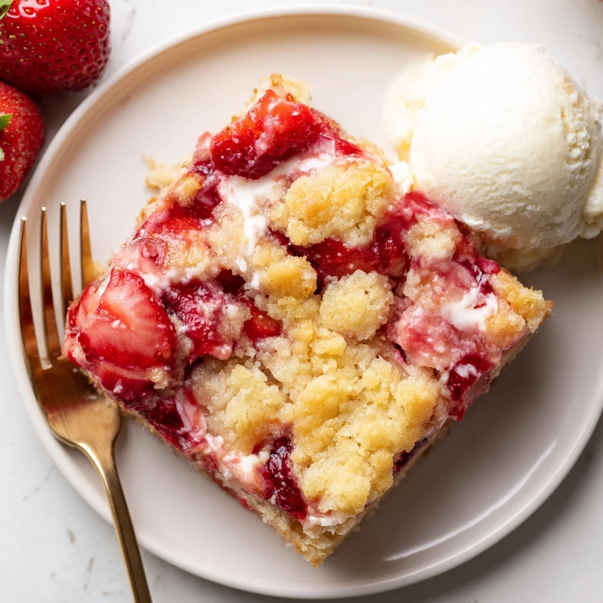 Strawberry Cheesecake Dump Cake served warm with melting vanilla ice cream  