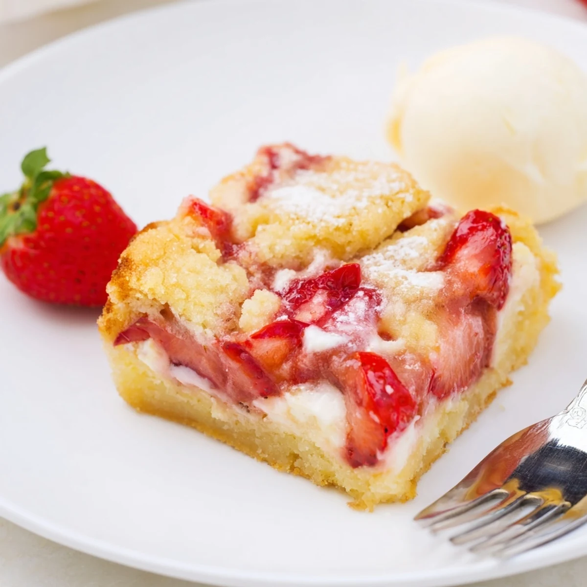 A slice of Strawberry Cheesecake Dump Cake shows creamy filling, buttery crumbs