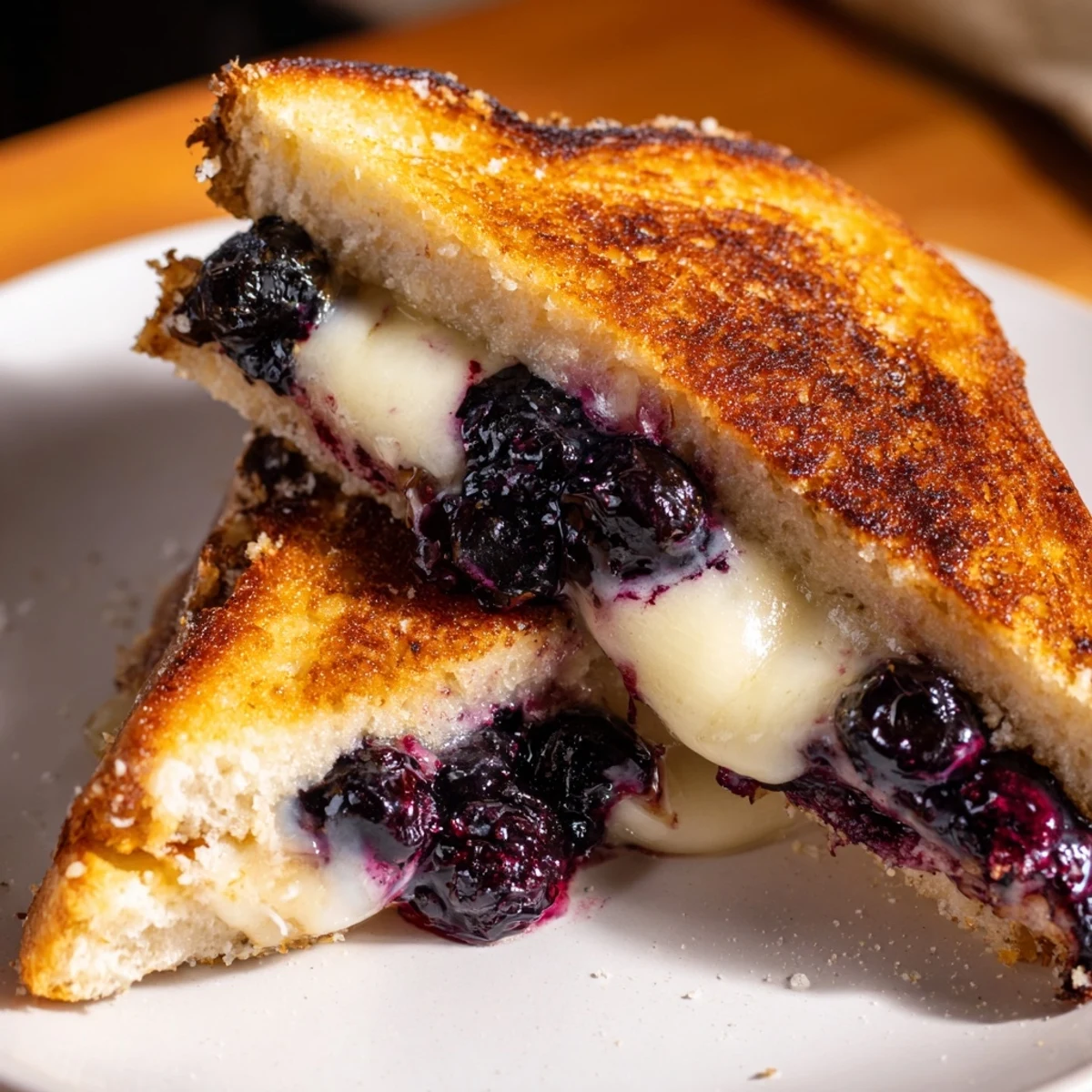 Crispy Blueberry Grilled Cheese, sliced to show gooey cheese and juicy berries