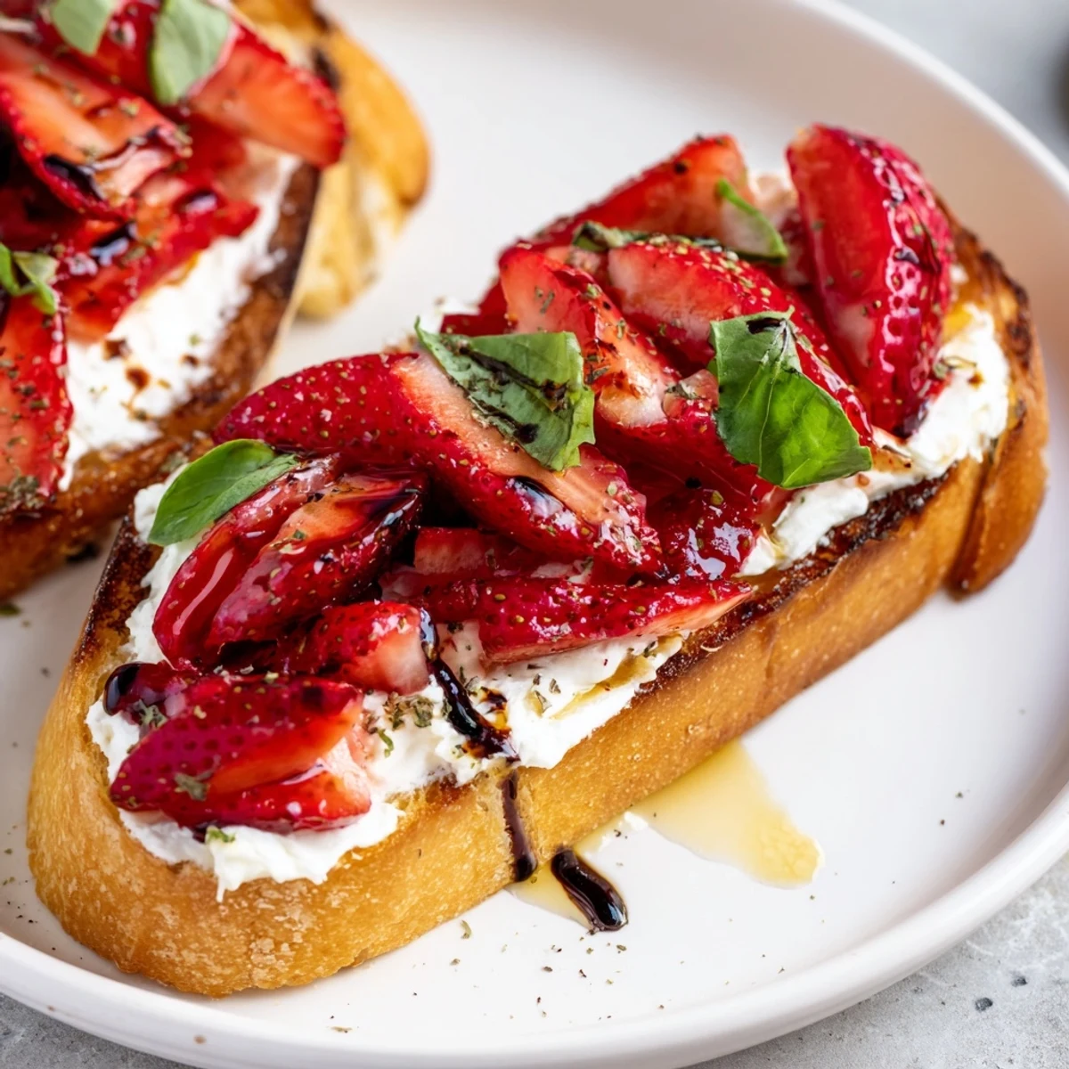 Creamy Strawberry Ricotta Bruschetta topped with juicy sliced strawberries and balsamic glaze