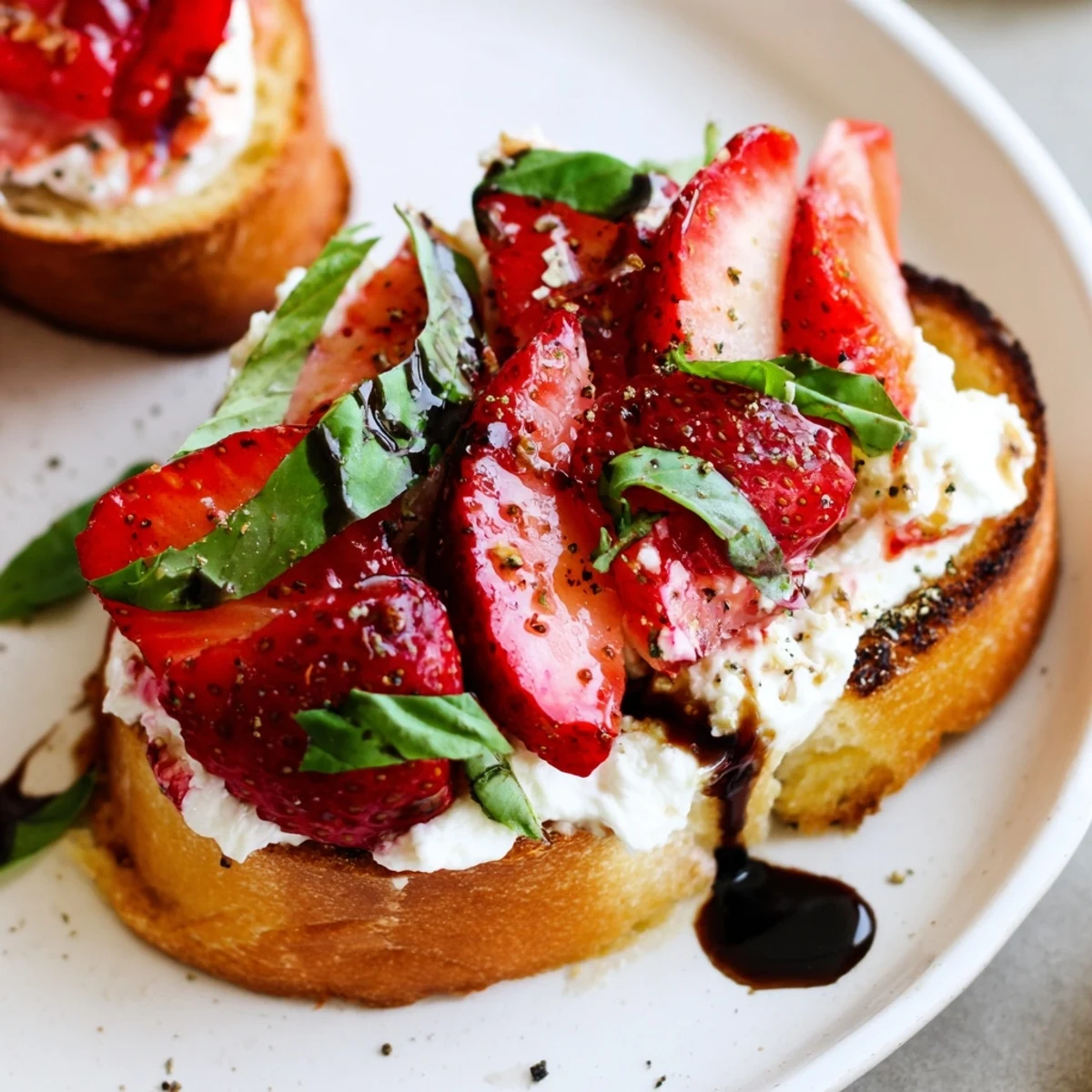 Toasted Strawberry Ricotta Bruschetta with honey drizzle, basil, and crisp baguette slices