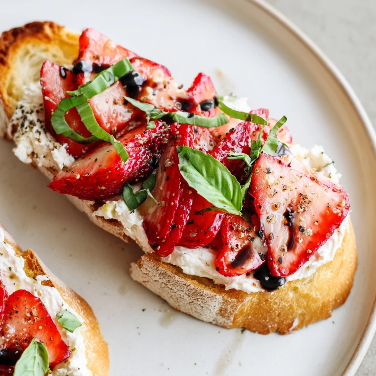 Elegant Strawberry Ricotta Bruschetta served warm on toasted bread, garnished with fresh basil
