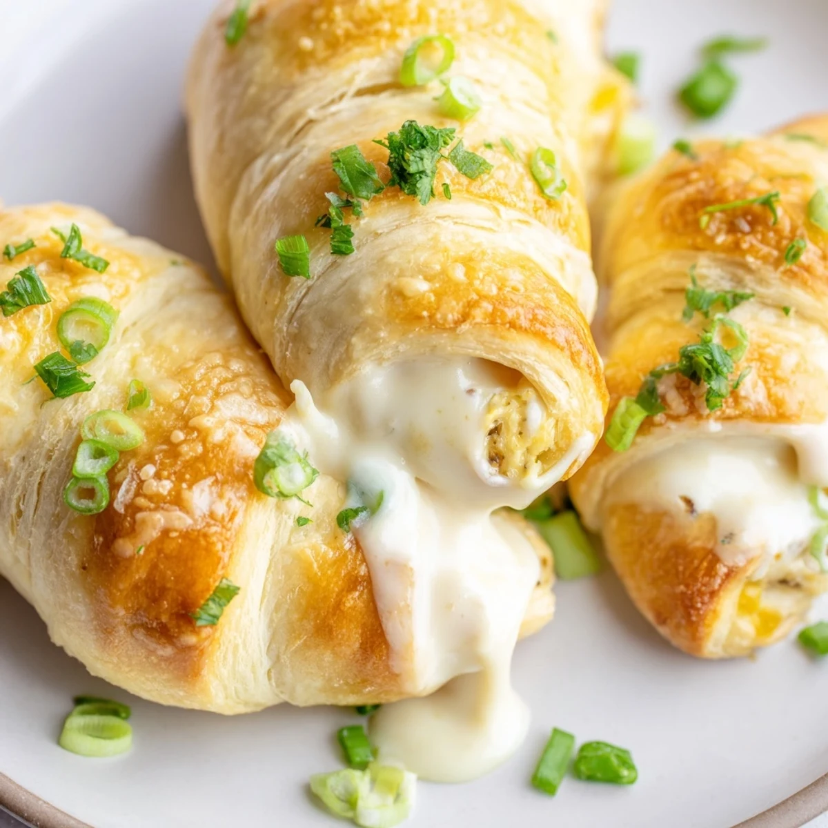 Tender chicken stuffed crescent rolls topped with velvety parmesan sauce and fresh parsley garnish