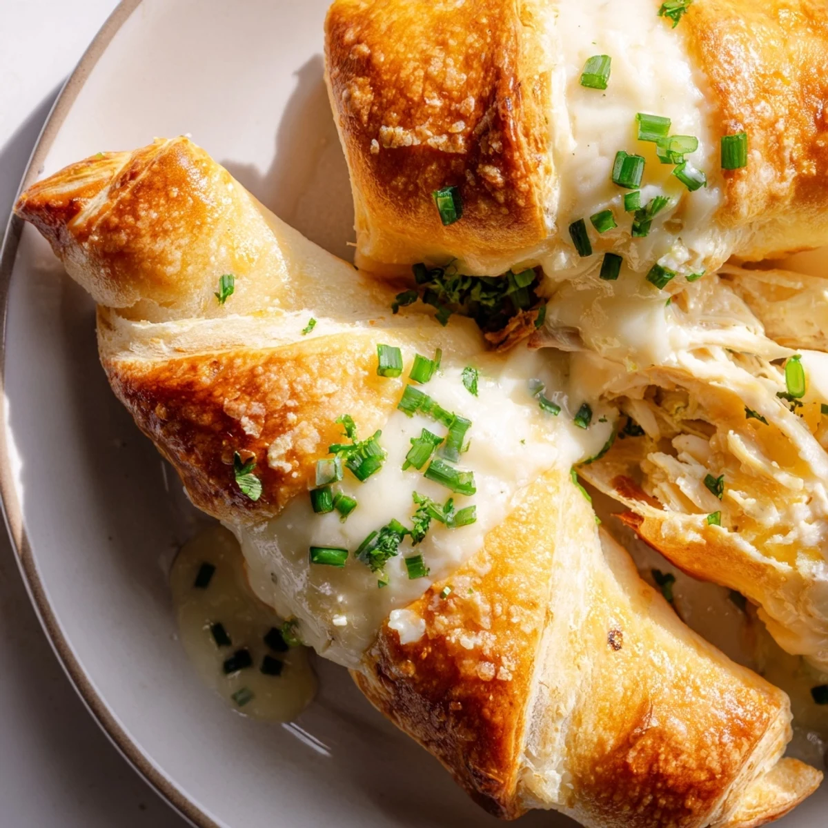 Homemade chicken pillows with cream cheese filling served over smooth white parmesan sauce on white plate