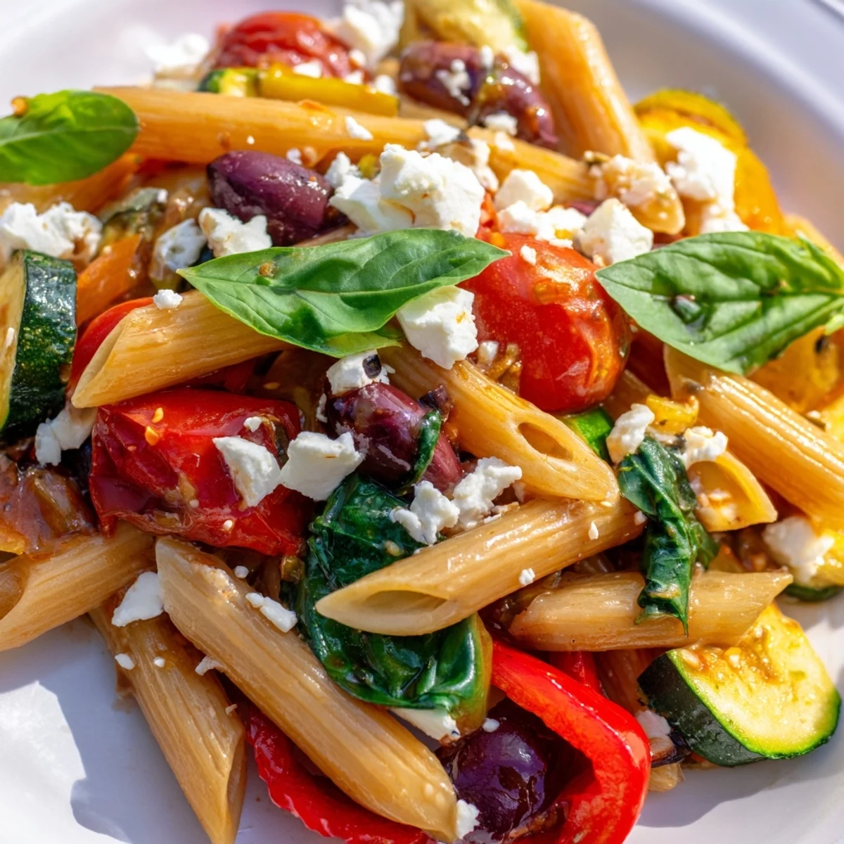 Colorful Mediterranean one pot pasta with cherry tomatoes, olives, spinach, and crumbled feta in a deep skillet