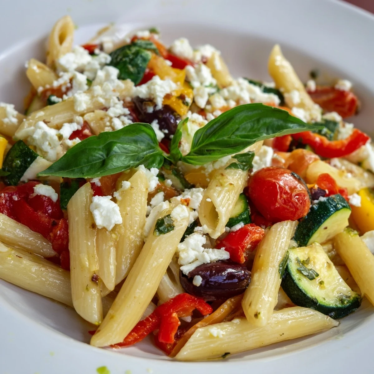 Steaming bowl of Mediterranean one pot pasta featuring zucchini, bell peppers, and fresh basil garnish on a rustic wooden table
