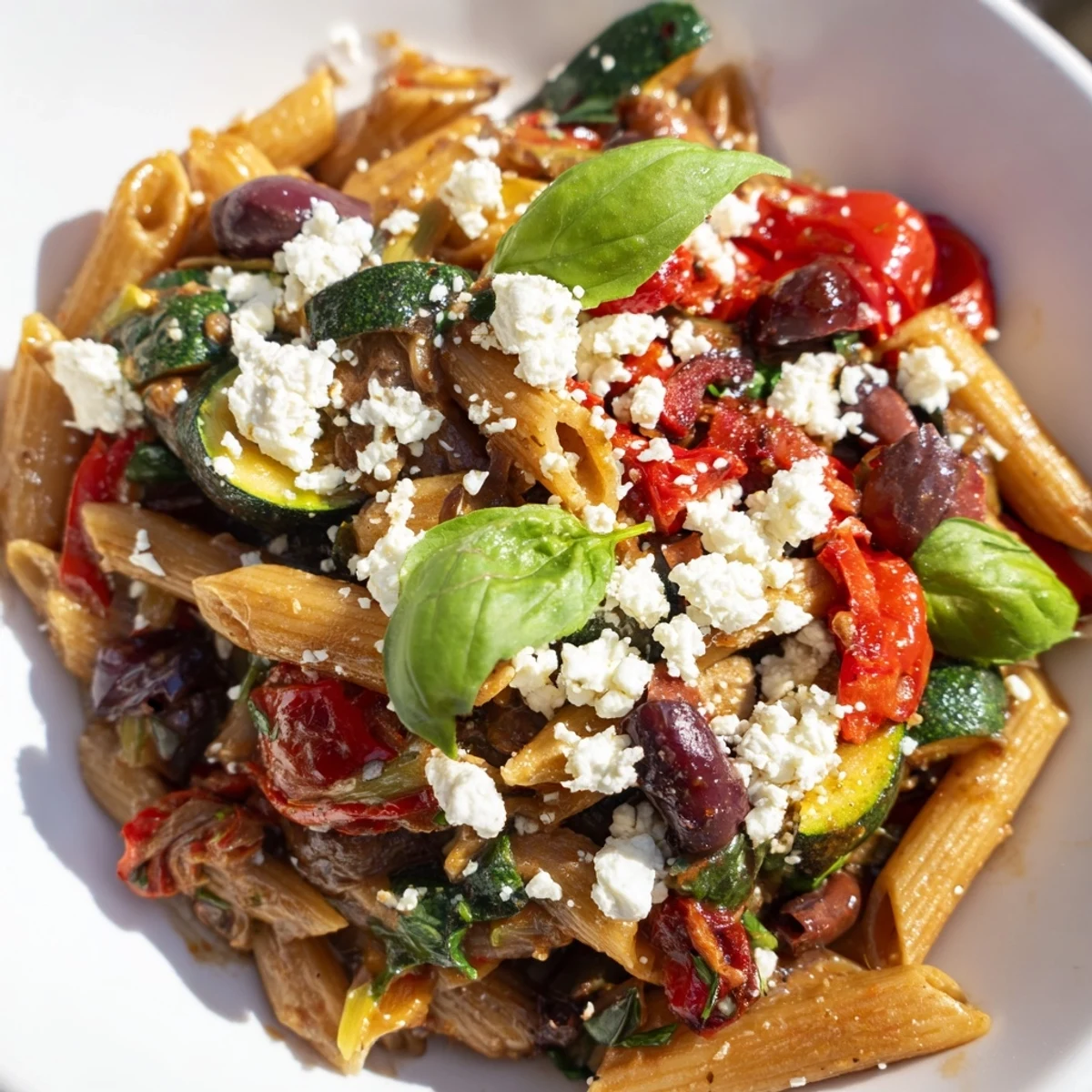 Close-up of Mediterranean one pot pasta with al dente penne, Kalamata olives, and melted feta cheese topping