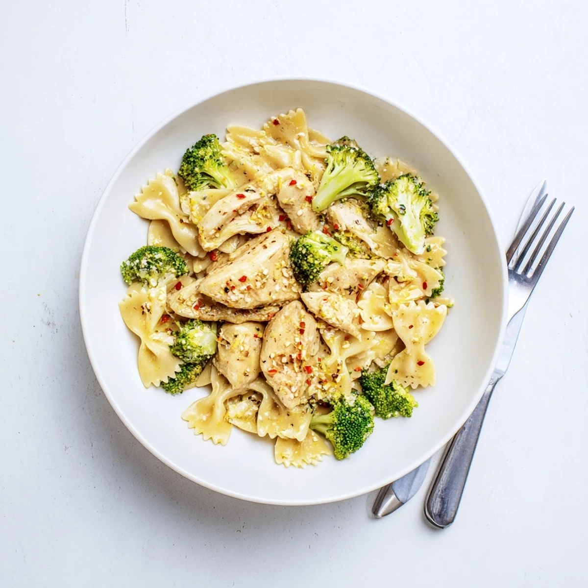 Golden sliced chicken breasts draped in melted herb cowboy butter atop lemony bowtie pasta with vibrant green broccoli florets