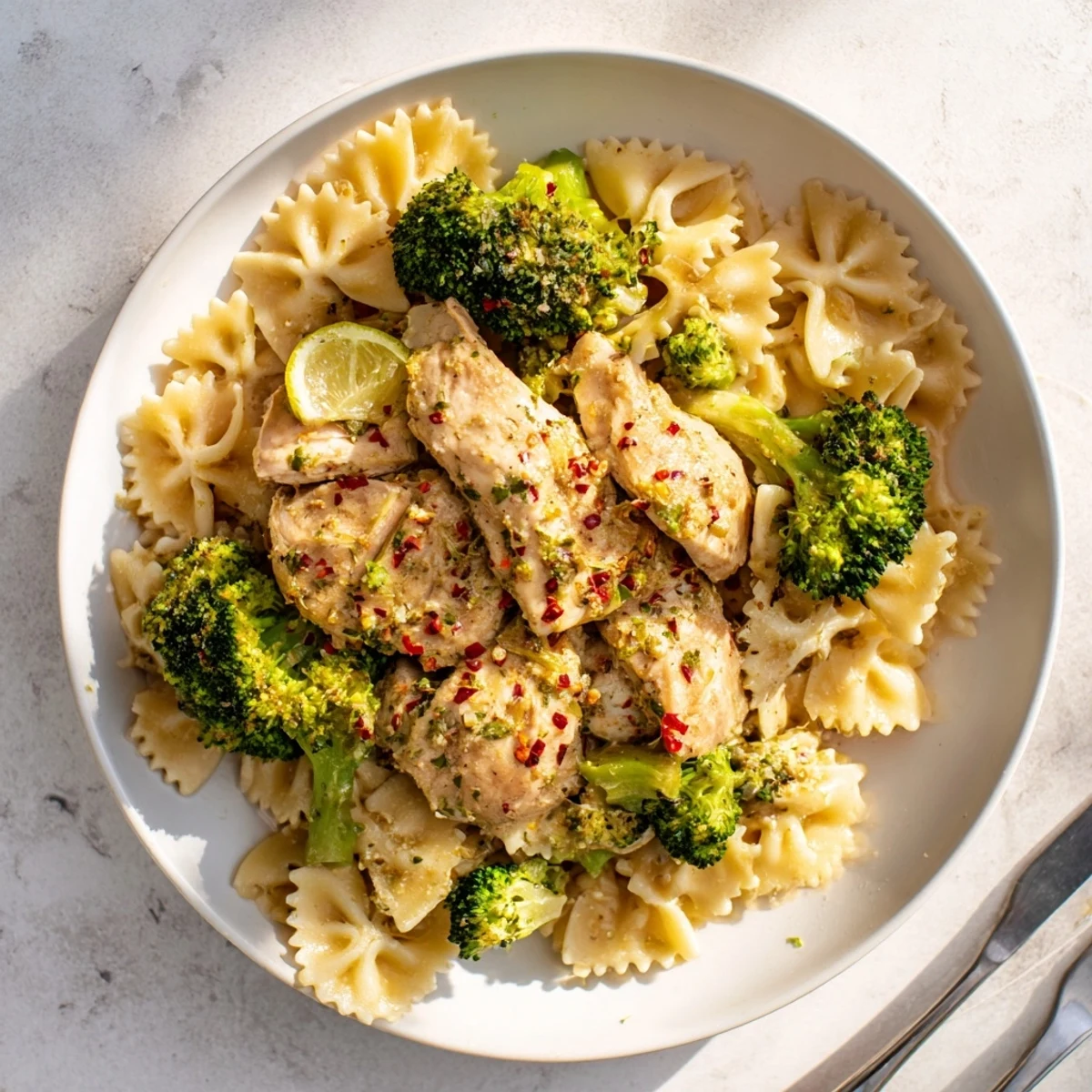 Juicy spiced chicken coated in savory garlic butter sauce plated alongside bowtie pasta and crisp broccoli for a hearty American meal
