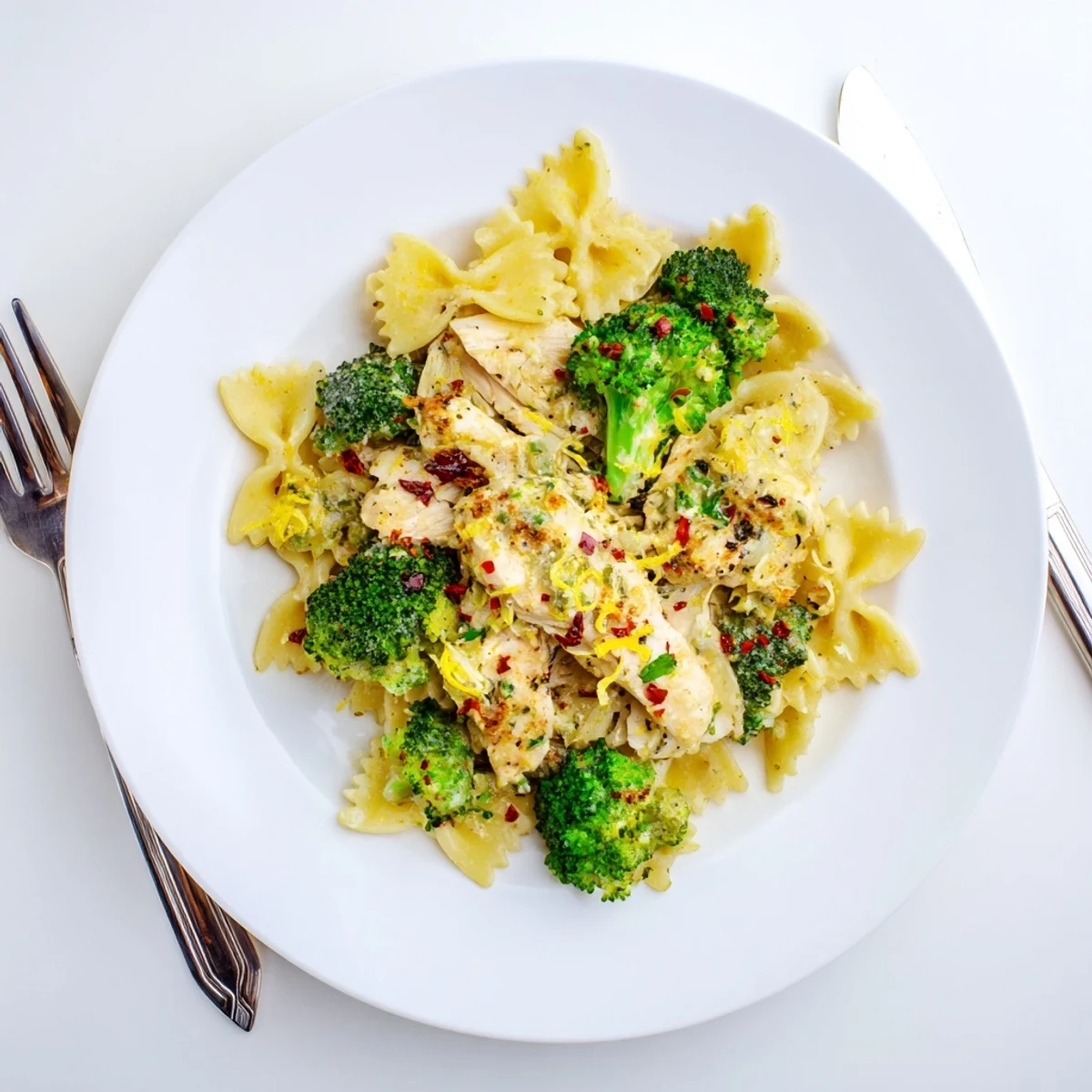 Zesty cowboy butter chicken served over bright farfalle pasta tossed with crisp tender broccoli and fresh lemon zest garnish