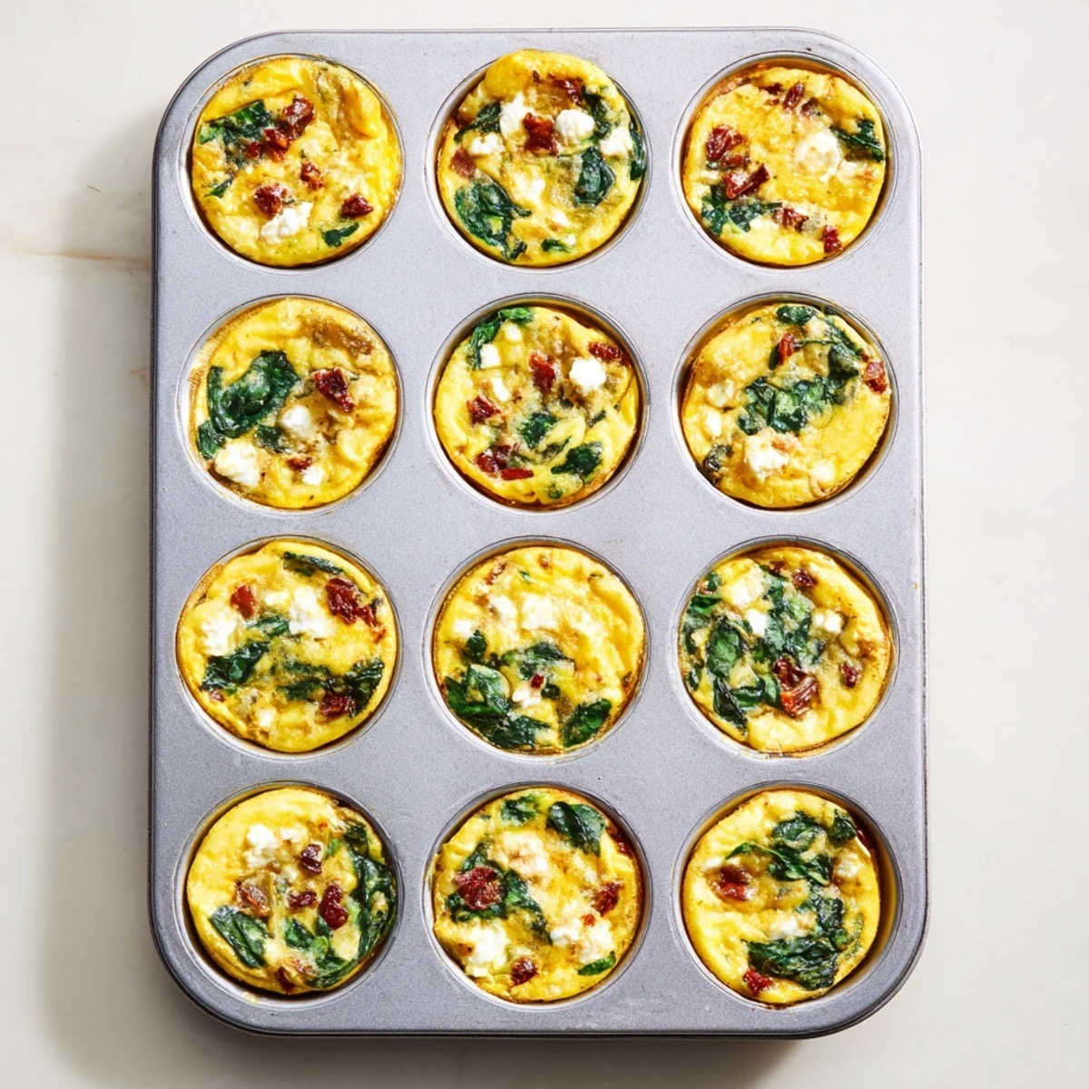Fluffy Mediterranean-style egg muffin cups topped with melted feta cheese and vibrant sun dried tomatoes, arranged on a white serving platter.