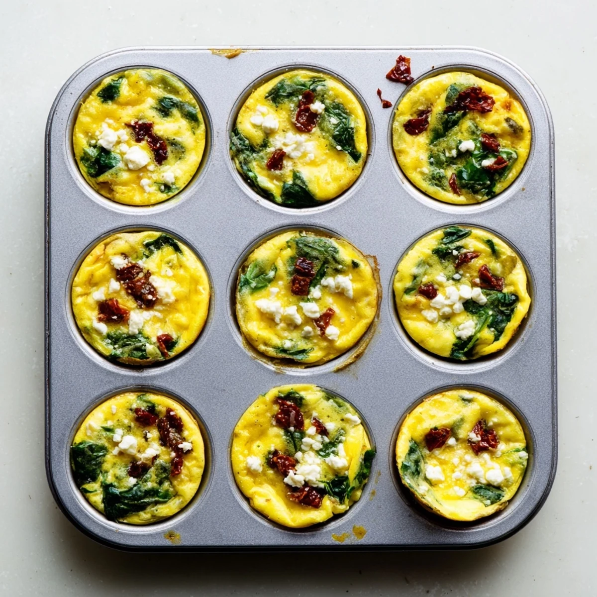Golden baked spinach feta and sun dried tomato egg muffin cups fresh from the oven, ready for a healthy breakfast on the go.