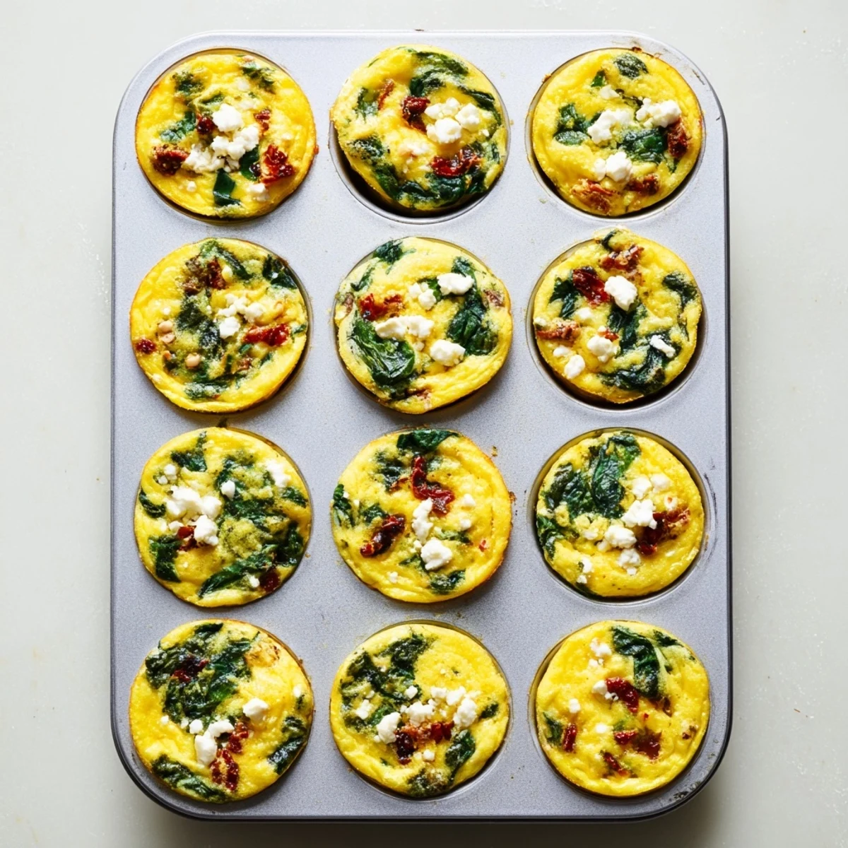 Protein-packed spinach feta and sun dried tomato egg muffin cups cooling in a muffin tin, perfect for meal prep lunches.
