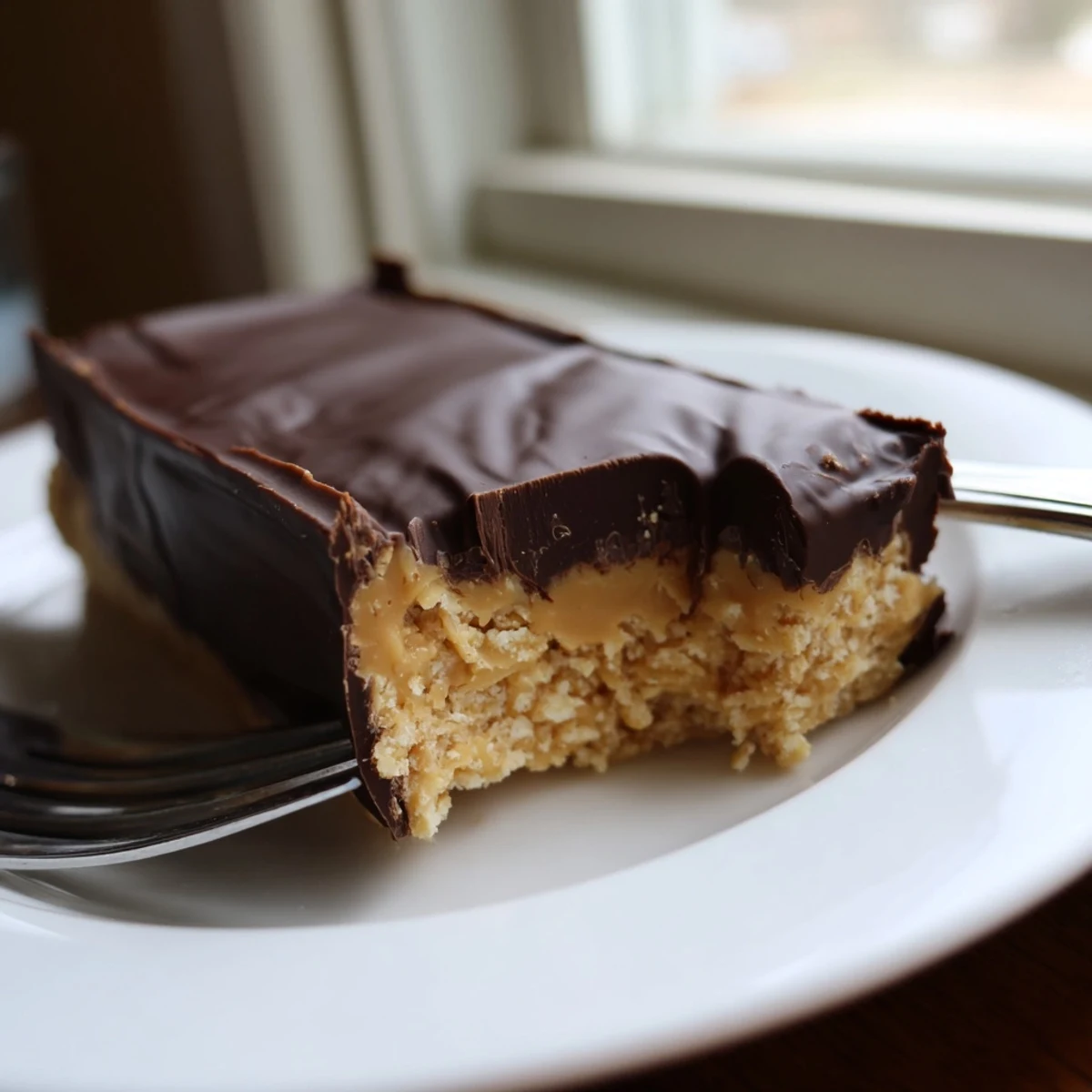 Golden peanut butter bars sliced into squares showcasing smooth peanut butter base topped with glossy melted chocolate layer
