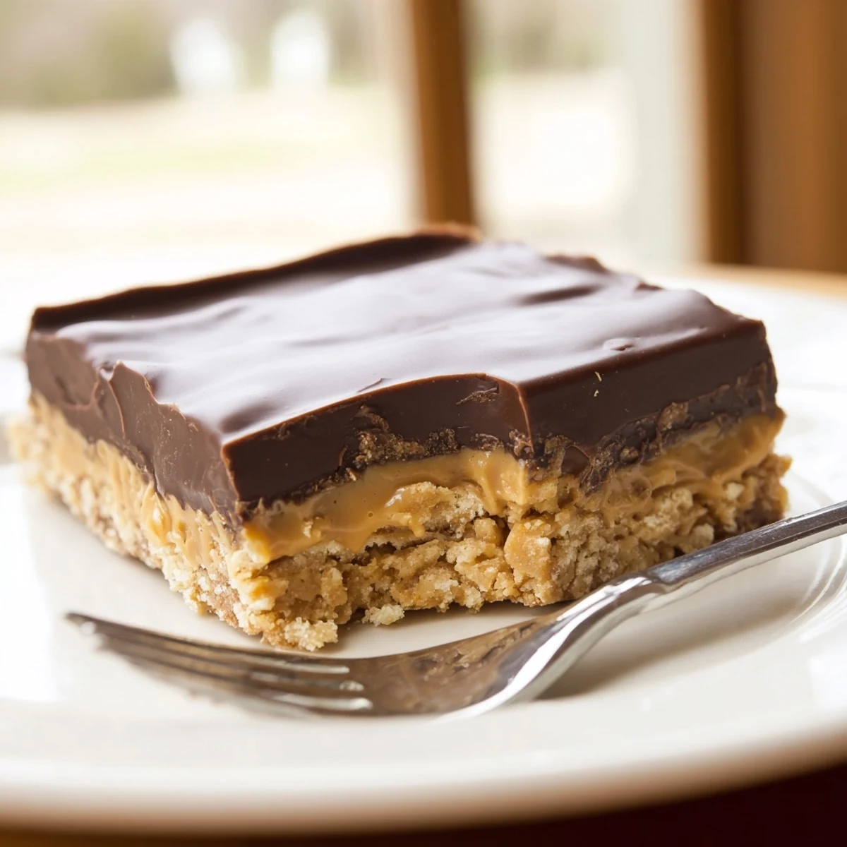 Rich no-bake peanut butter bars displayed on a white plate with decadent chocolate ganache topping and crumb edges