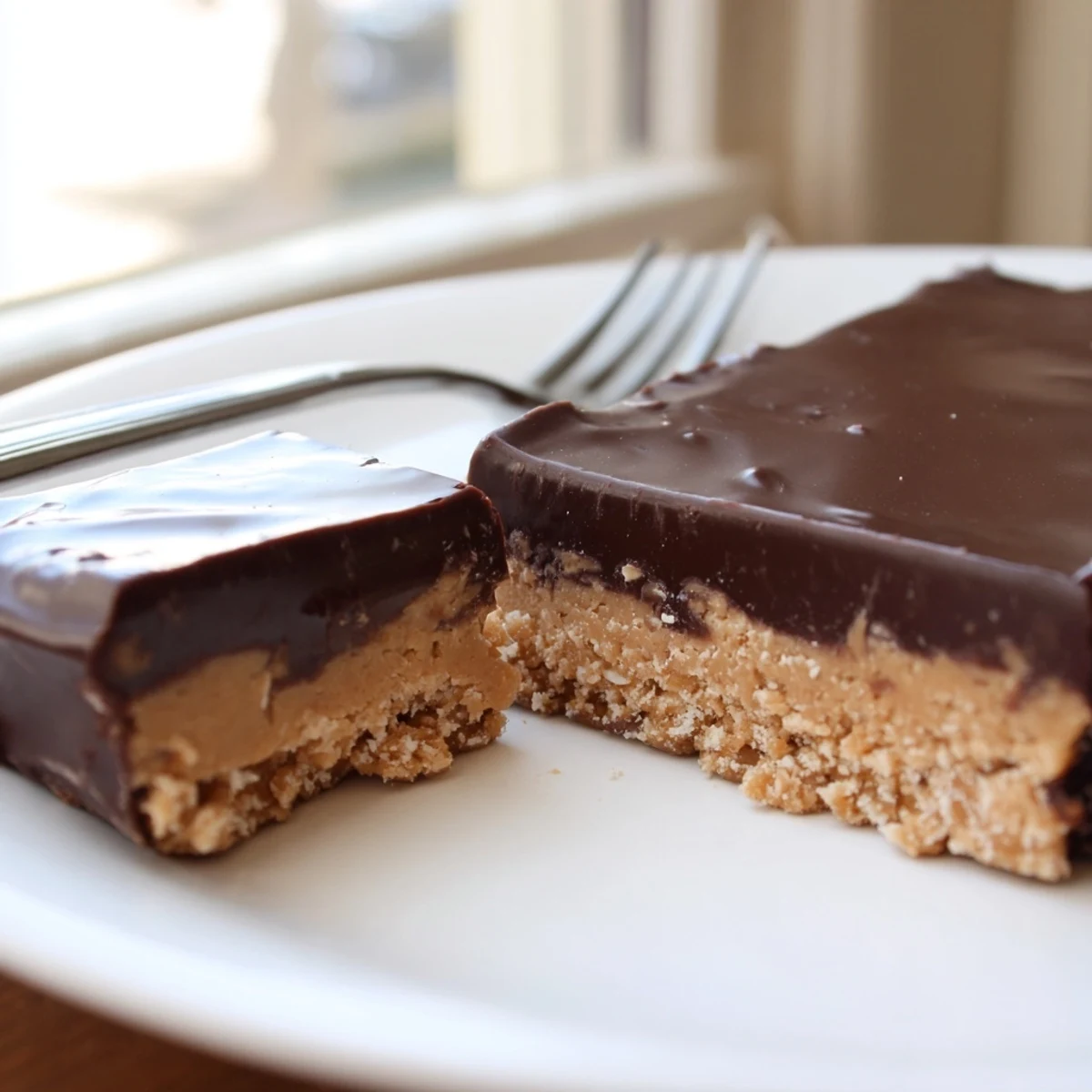Homemade peanut butter bars arranged on serving platter featuring creamy peanut butter layer beneath dark chocolate coating