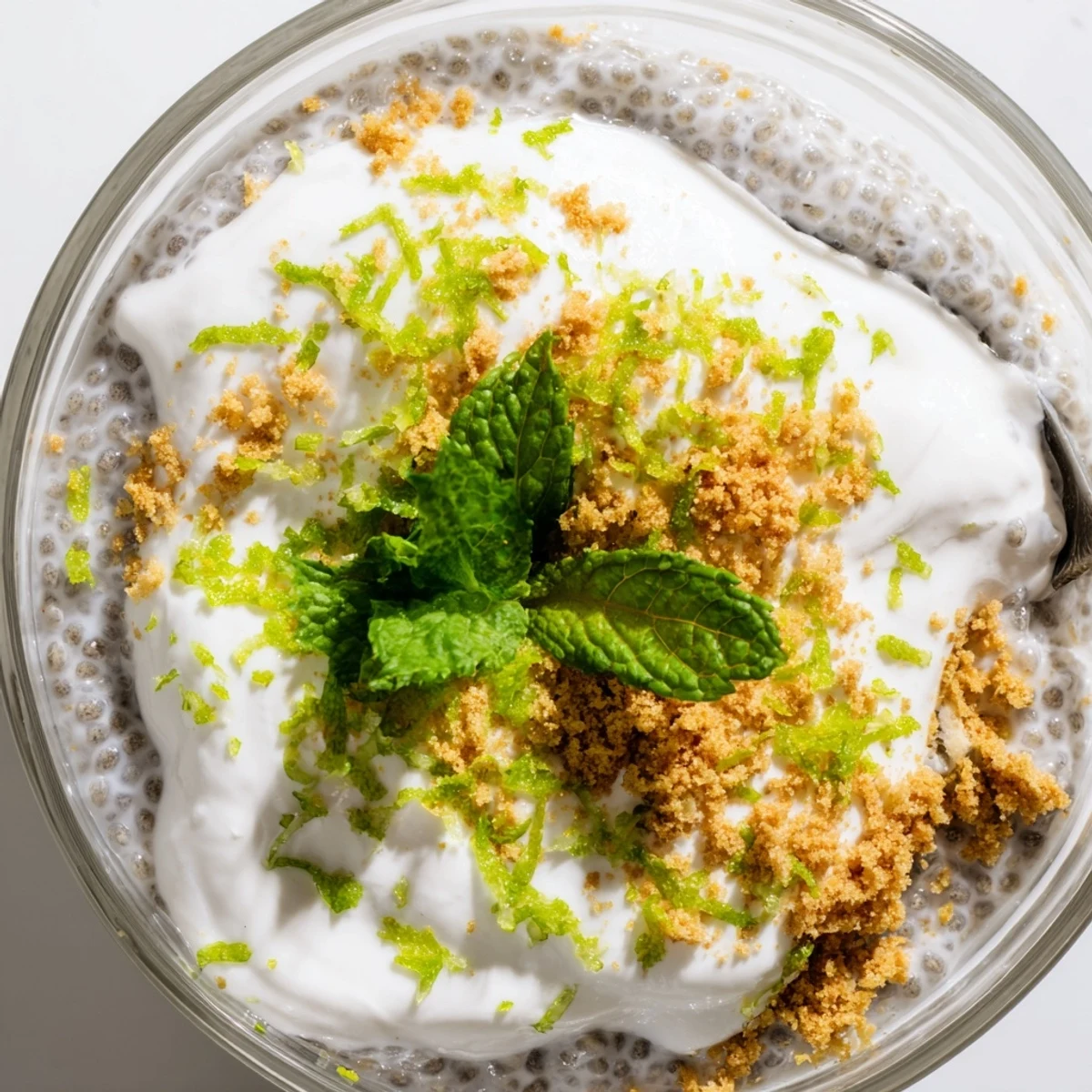 Creamy Key lime chia pudding topped with fresh lime zest, coconut yogurt, and mint