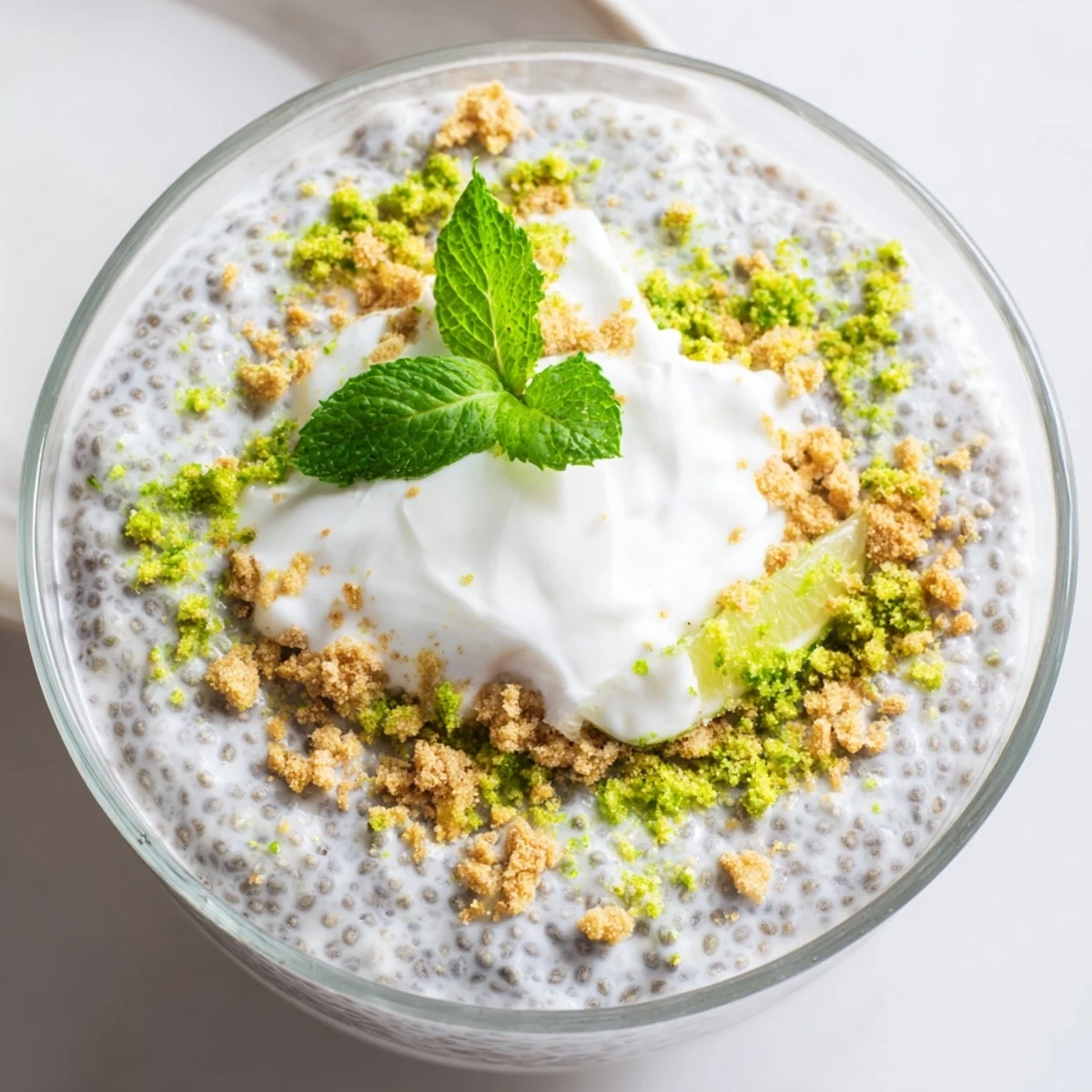 Vegan Key lime chia pudding in glass bowls with crushed graham crackers and lime garnish
