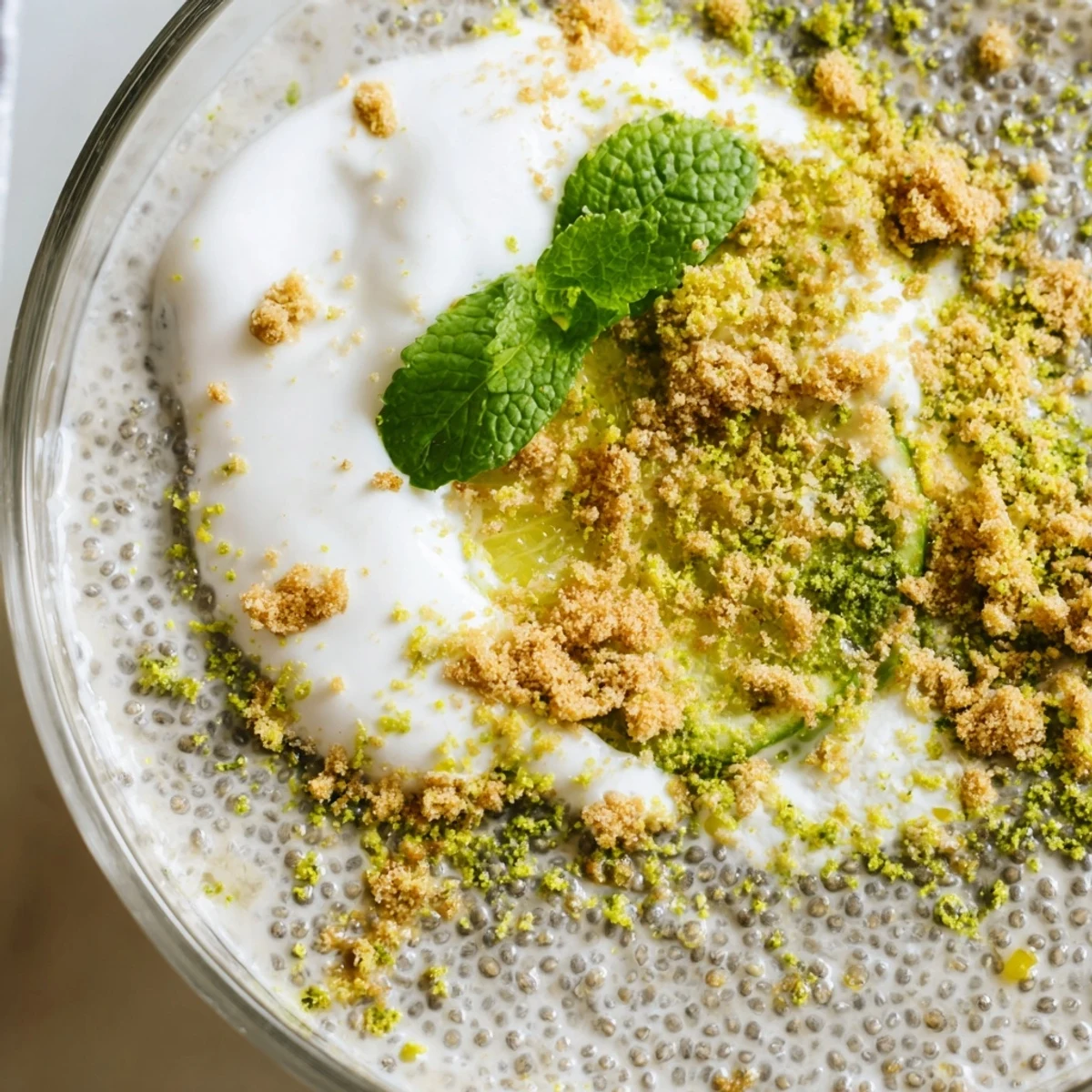 Tangy Key lime chia pudding layered with coconut yogurt and sprinkled with green lime zest