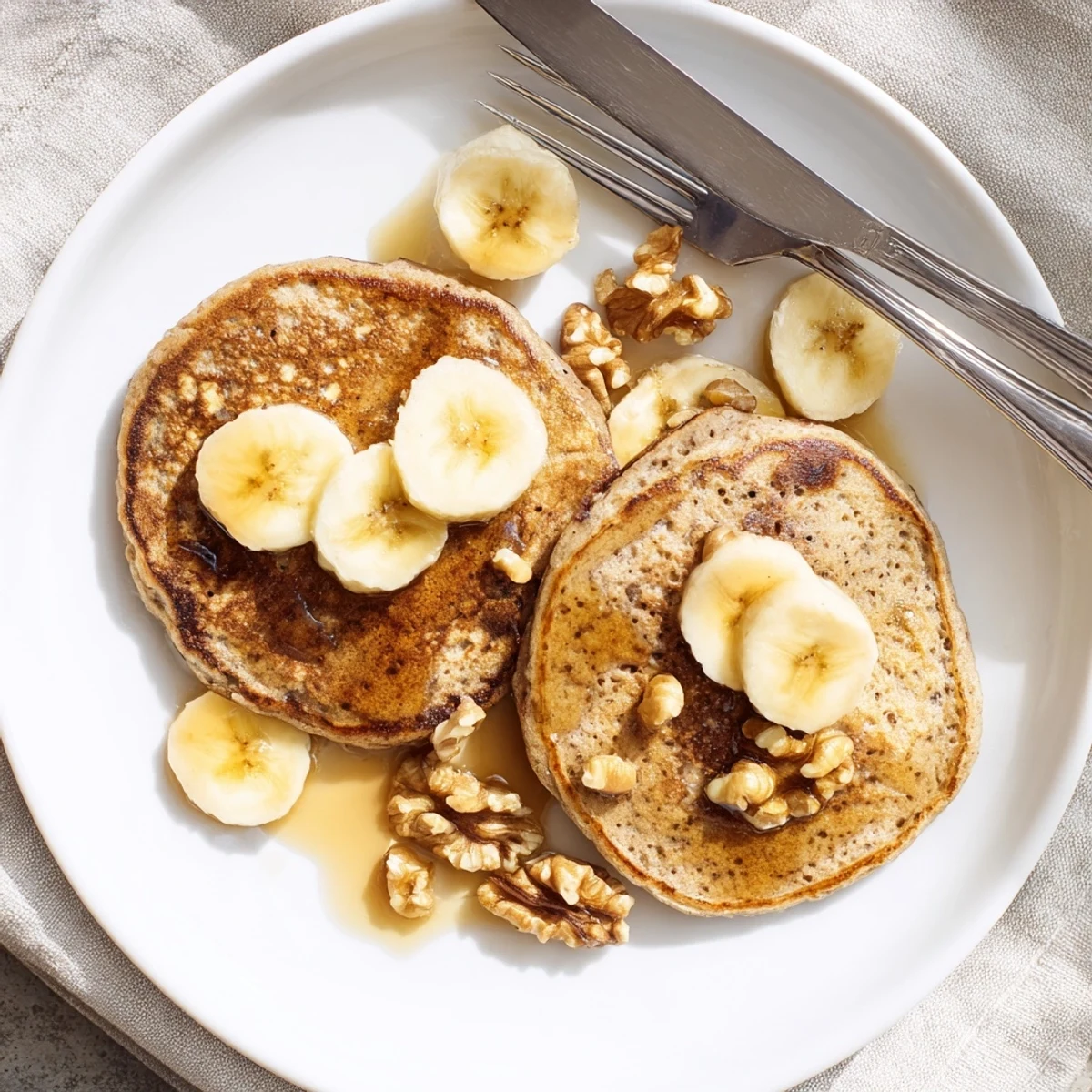 Close up of protein banana pancakes stacked high with banana slices and a drizzle of honey