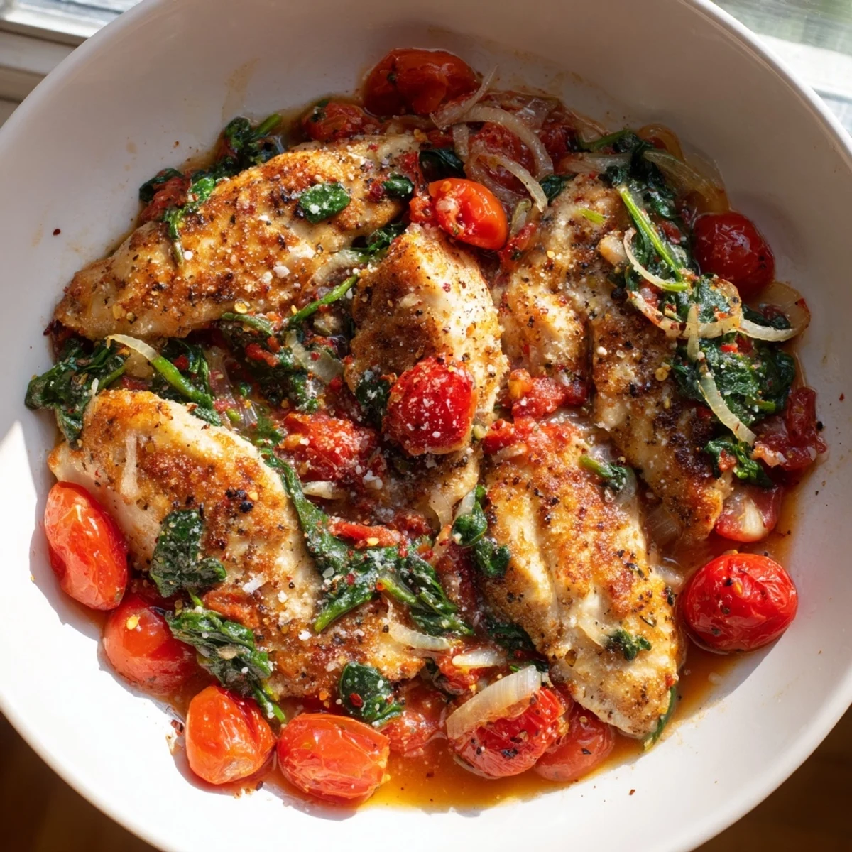 Savory tomato spinach chicken skillet topped with grated Parmesan and fresh herbs for a wholesome dinner plate
