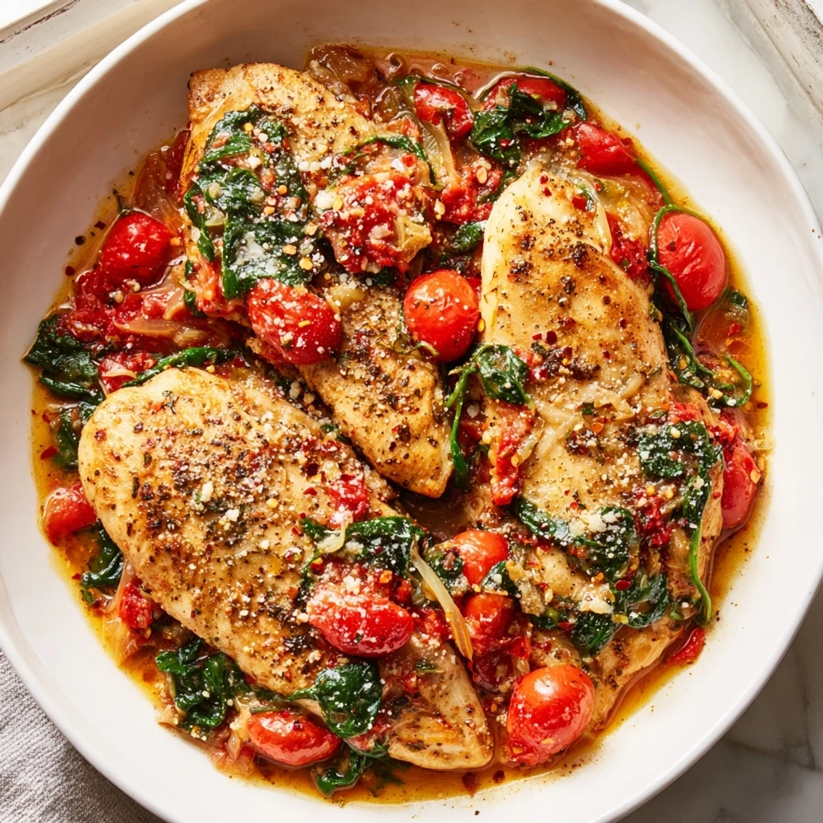 Golden pan-seared chicken breasts nestled in a vibrant sauce of wilted spinach and juicy cherry tomatoes