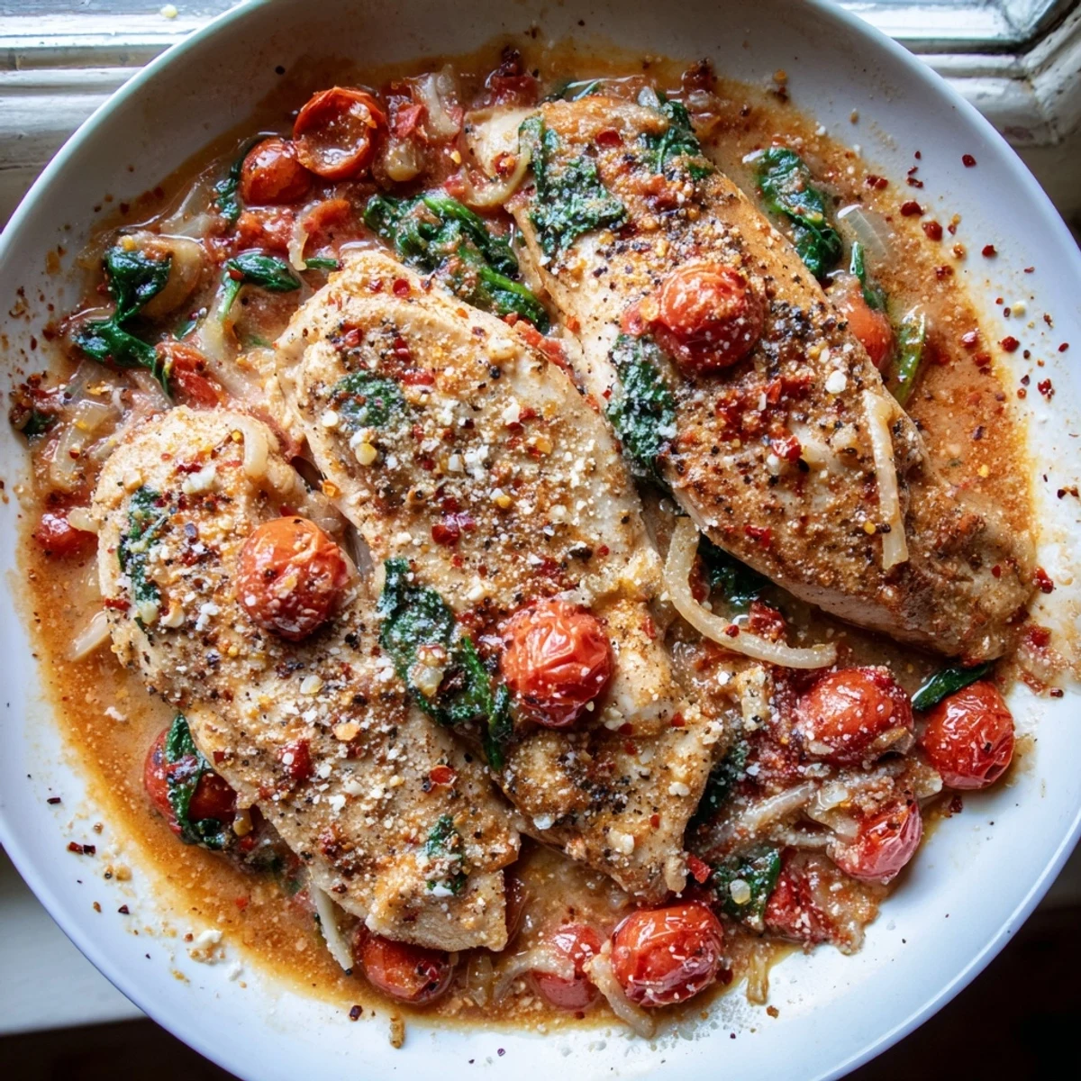 Tender chicken simmered with colorful cherry tomatoes and fresh spinach in a rich, savory sauce