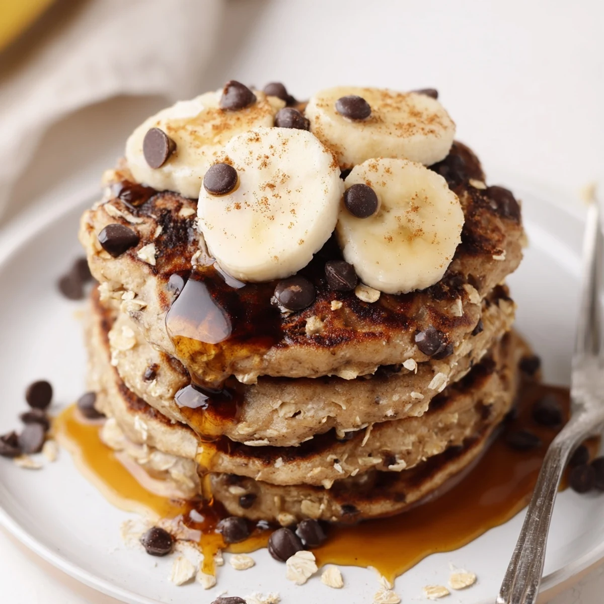Protein Banana Pancakes stacked, golden and fluffy, topped with sliced bananas