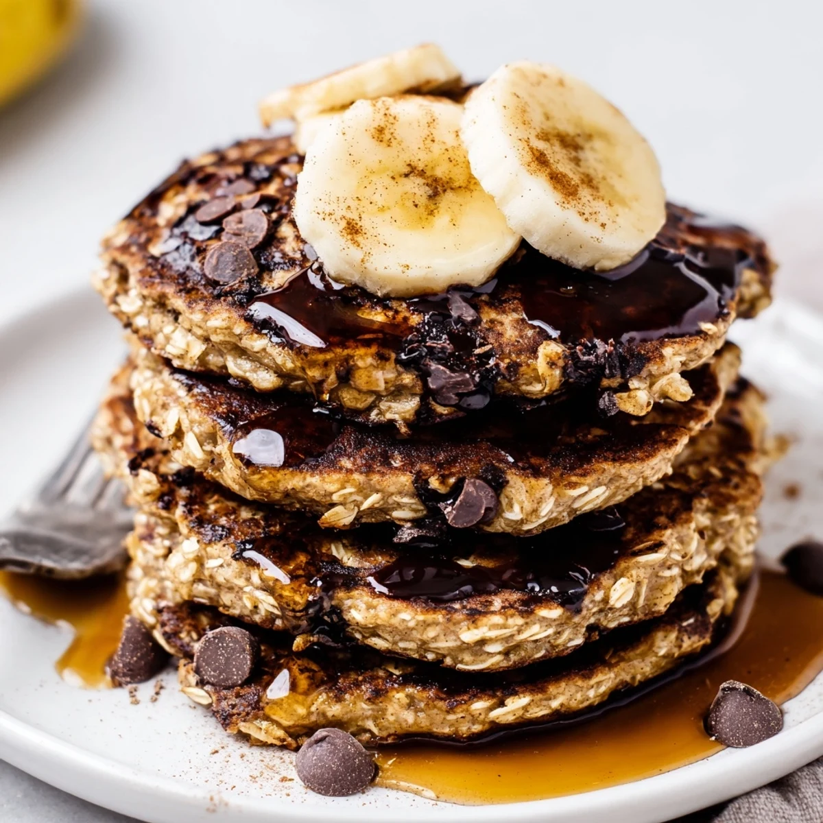 Warm Protein Banana Pancakes drizzled with maple syrup and crushed walnuts