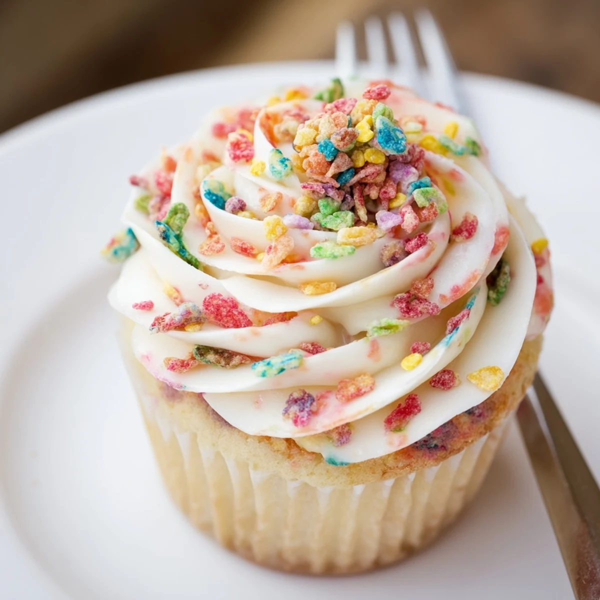 Stack of frosted cupcakes with Fruity Pebbles Cereal Frosting, colorful crunchy garnish