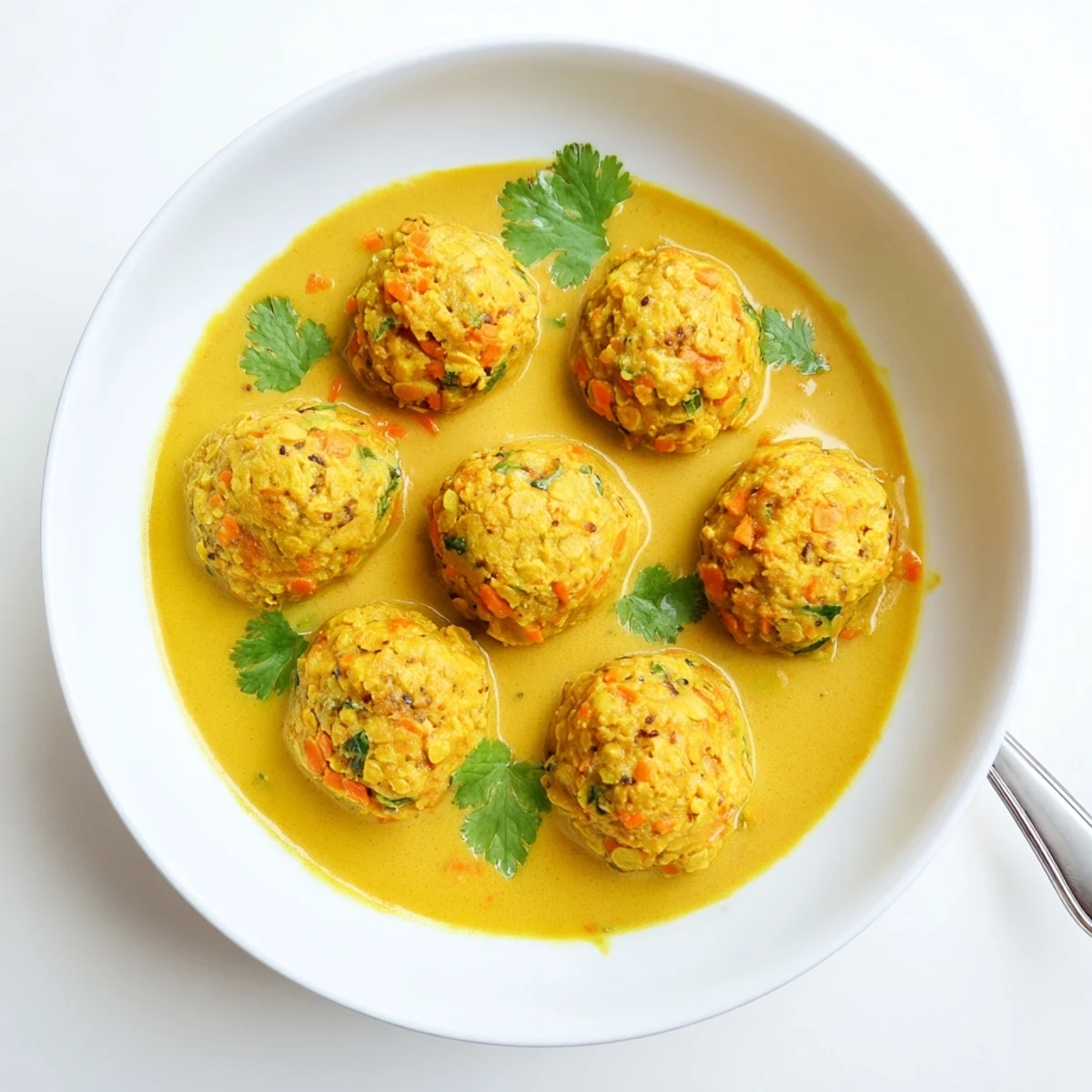 Golden carrot and chickpea balls nestled in a rich, creamy coconut curry sauce with fresh cilantro garnish.