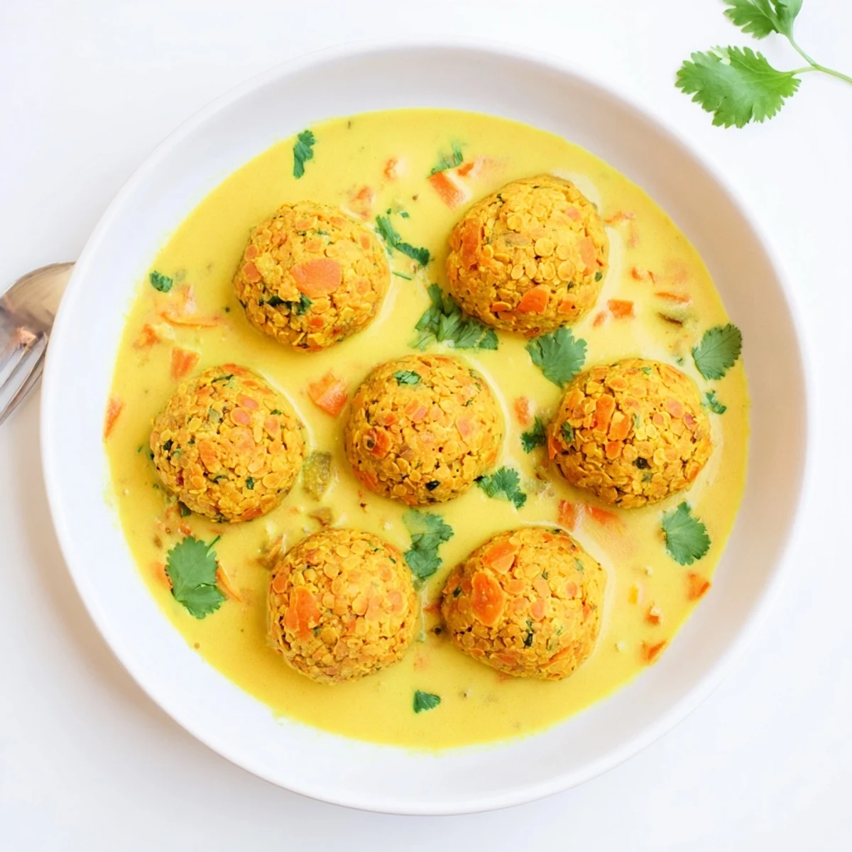 Spiced vegetarian chickpea and carrot balls swimming in a fragrant, golden coconut curry sauce served steaming hot.
