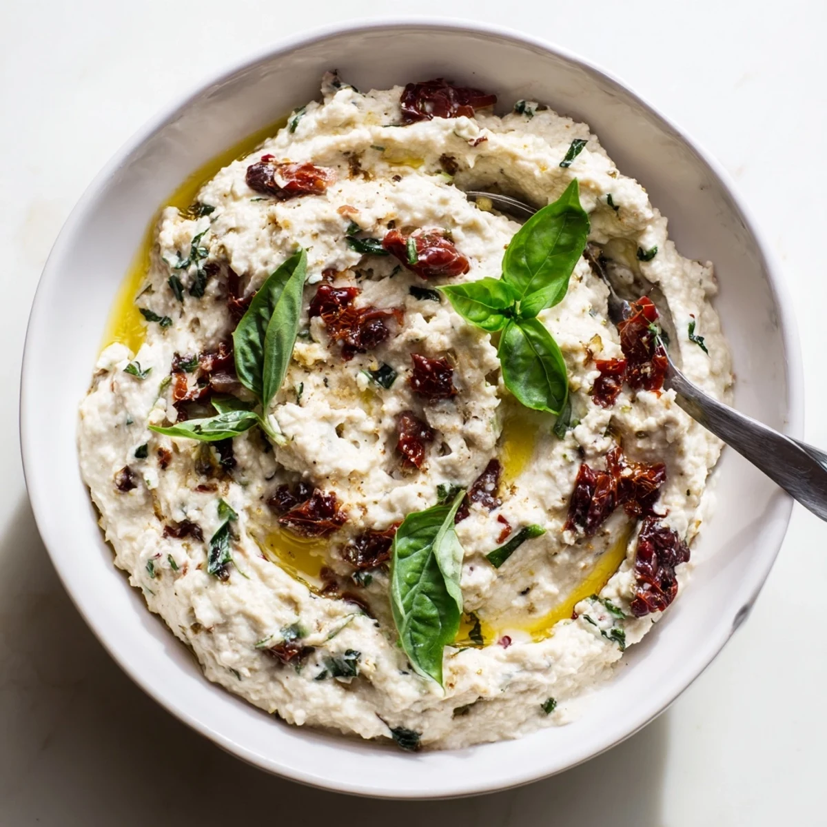 Creamy Italian Style Olive and Cheese Spread topped with fresh basil and golden olive oil drizzle