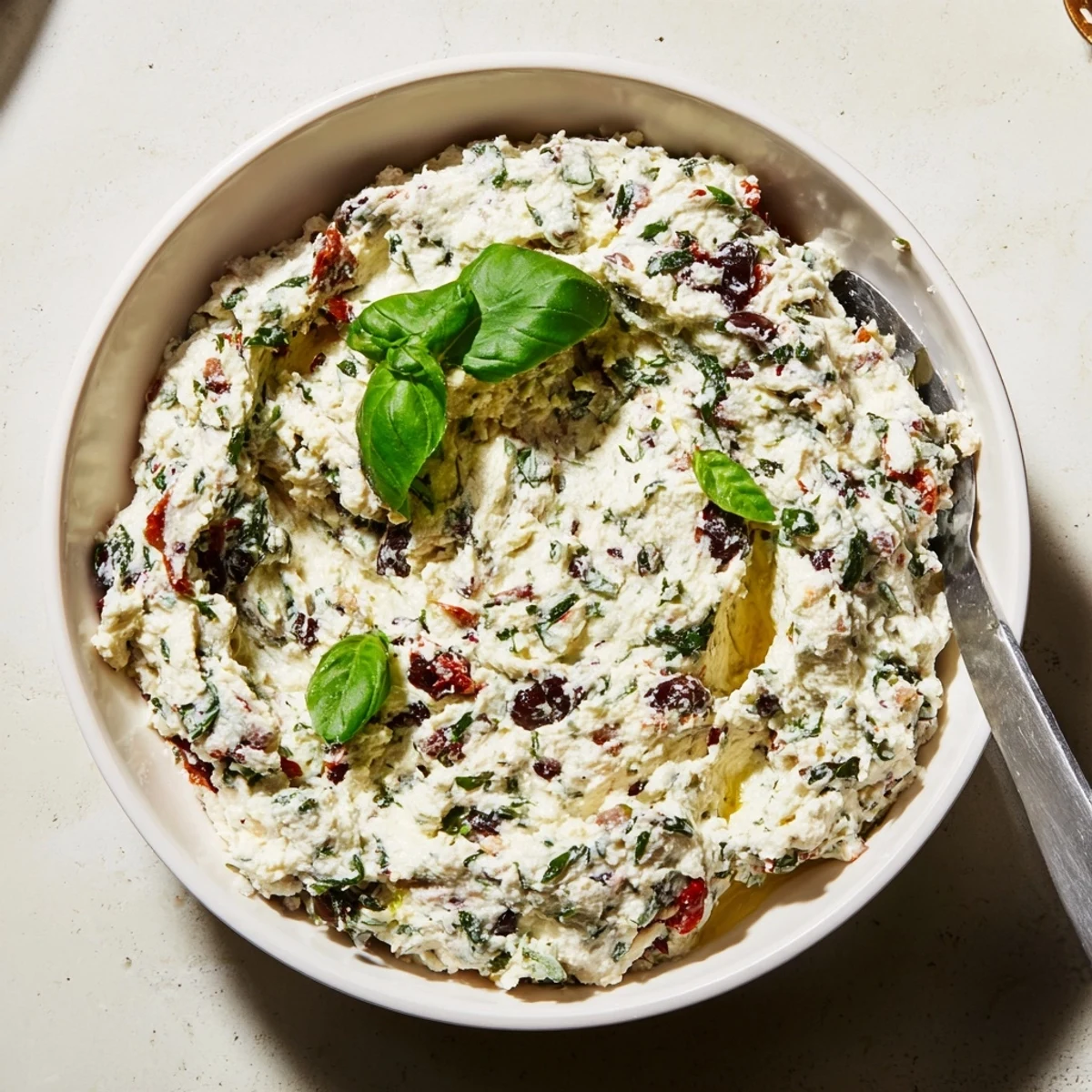 Rustic bowl of Italian Style Olive and Cheese Spread surrounded by toasted baguette slices and crackers