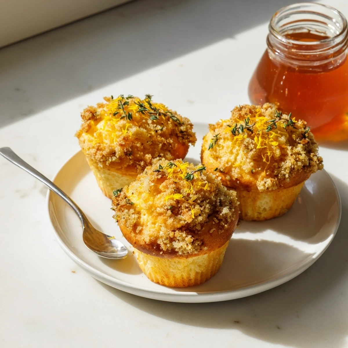 Golden lemon orange honey muffins topped with fragrant thyme crumble fresh from oven