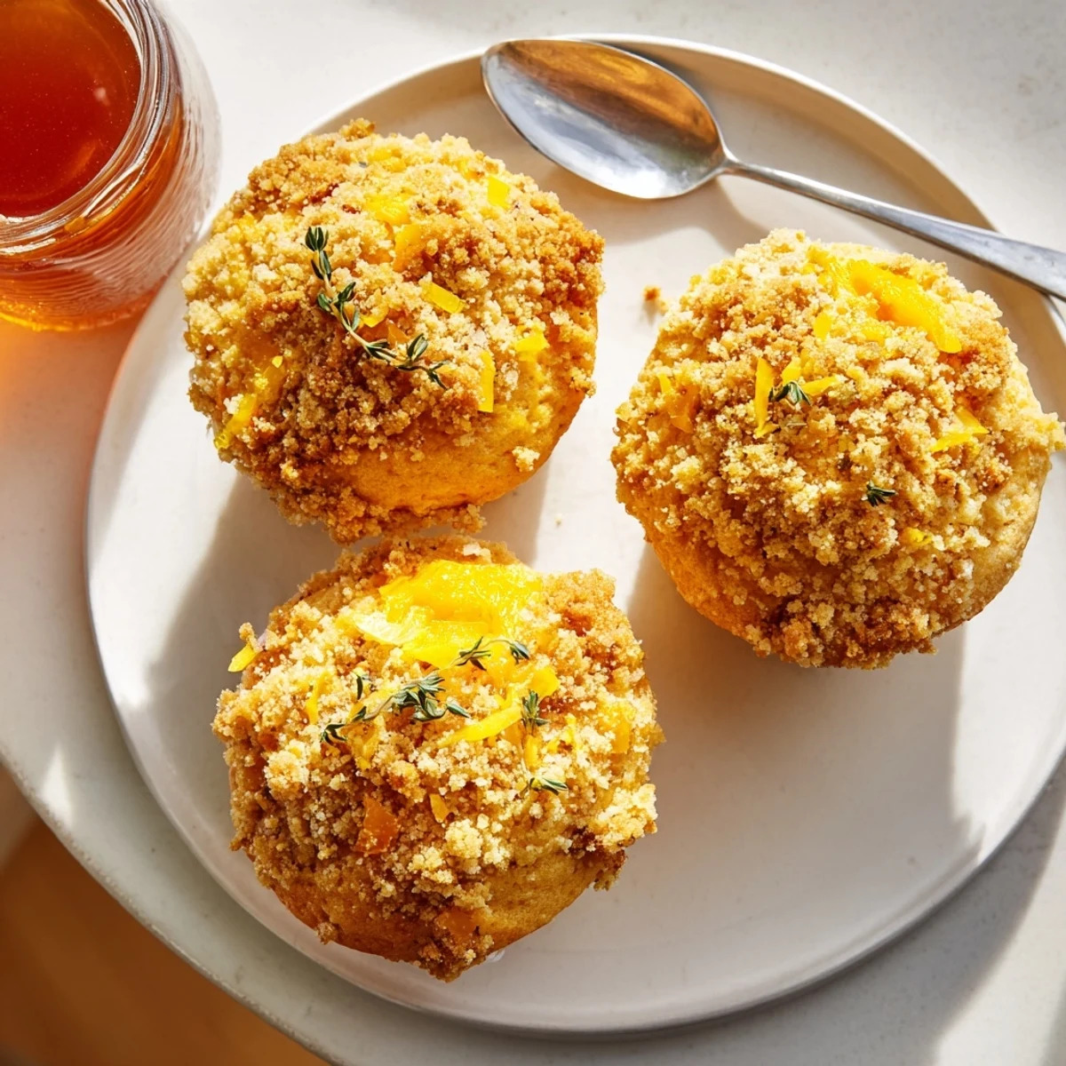 Citrus-glazed lemon orange honey muffins with herbaceous thyme crumble on rustic wire rack