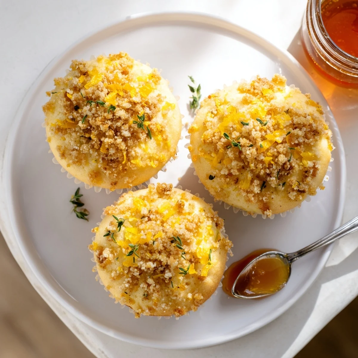 Warm lemon orange honey muffins crowned with savory thyme crumble beside steaming tea cup