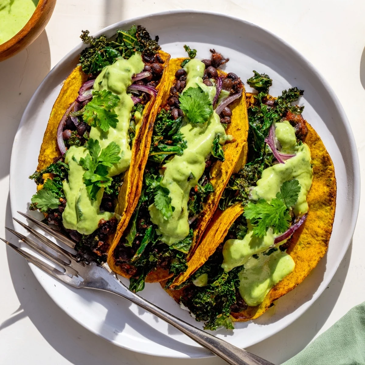 Warm corn tortillas loaded with smoky black beans sautéed kale and creamy avocado sauce