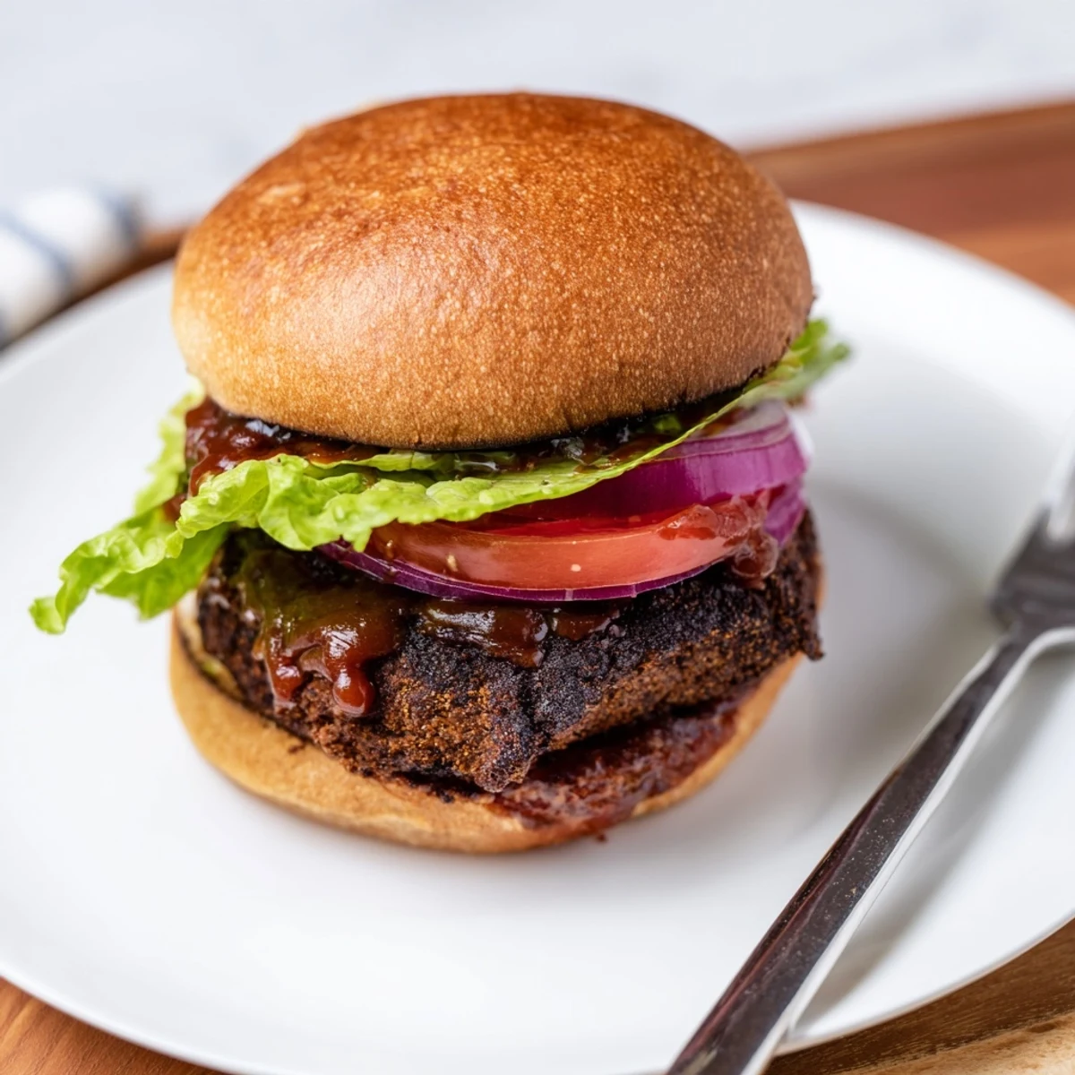Thick coffee rub burgers dripping with smoky BBQ sauce, fresh lettuce and tomato