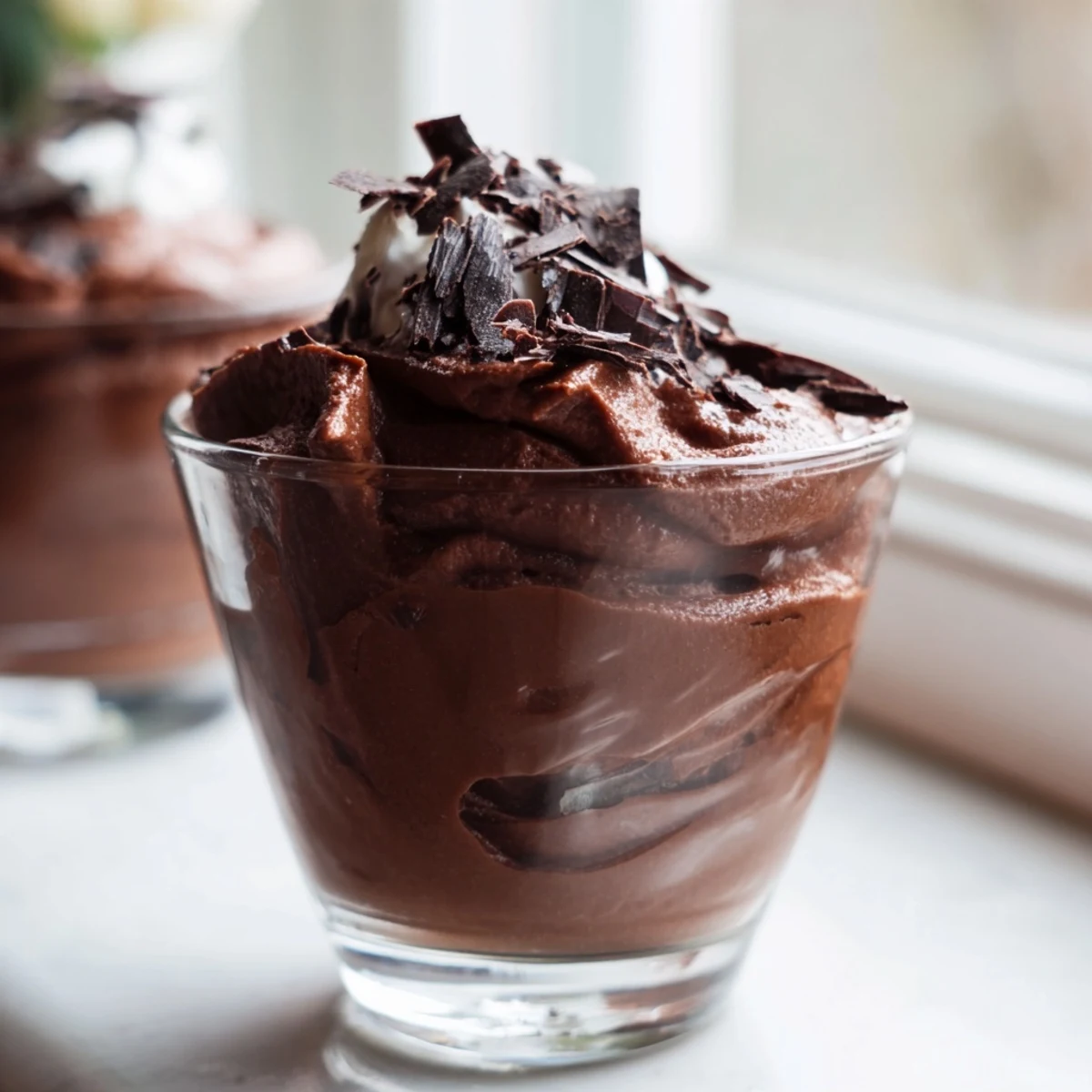 Silky chocolate mousse scooped into dessert cups with a dollop of whipped cream