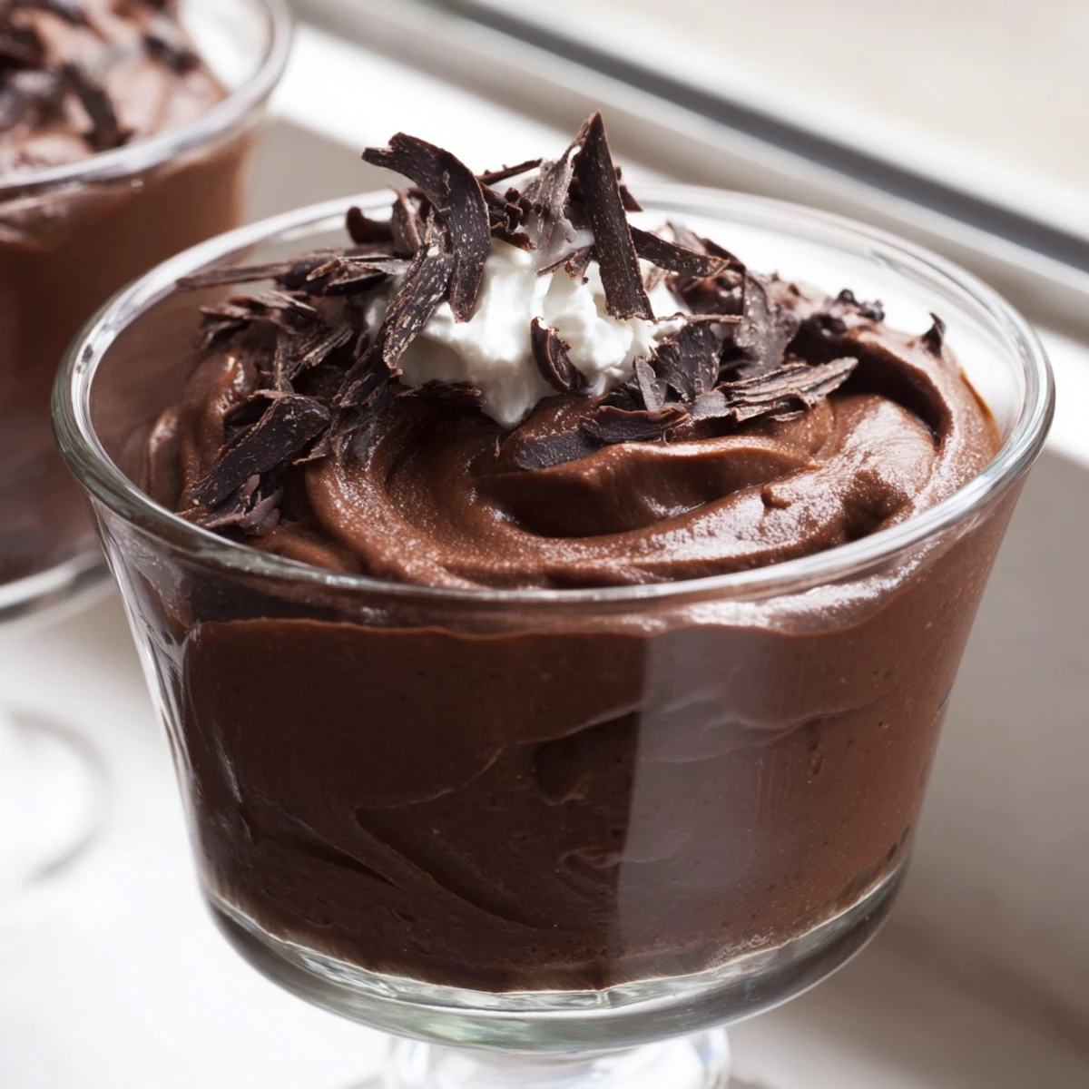 Rich and airy chocolate mousse chilling in glass ramekins for a French dessert