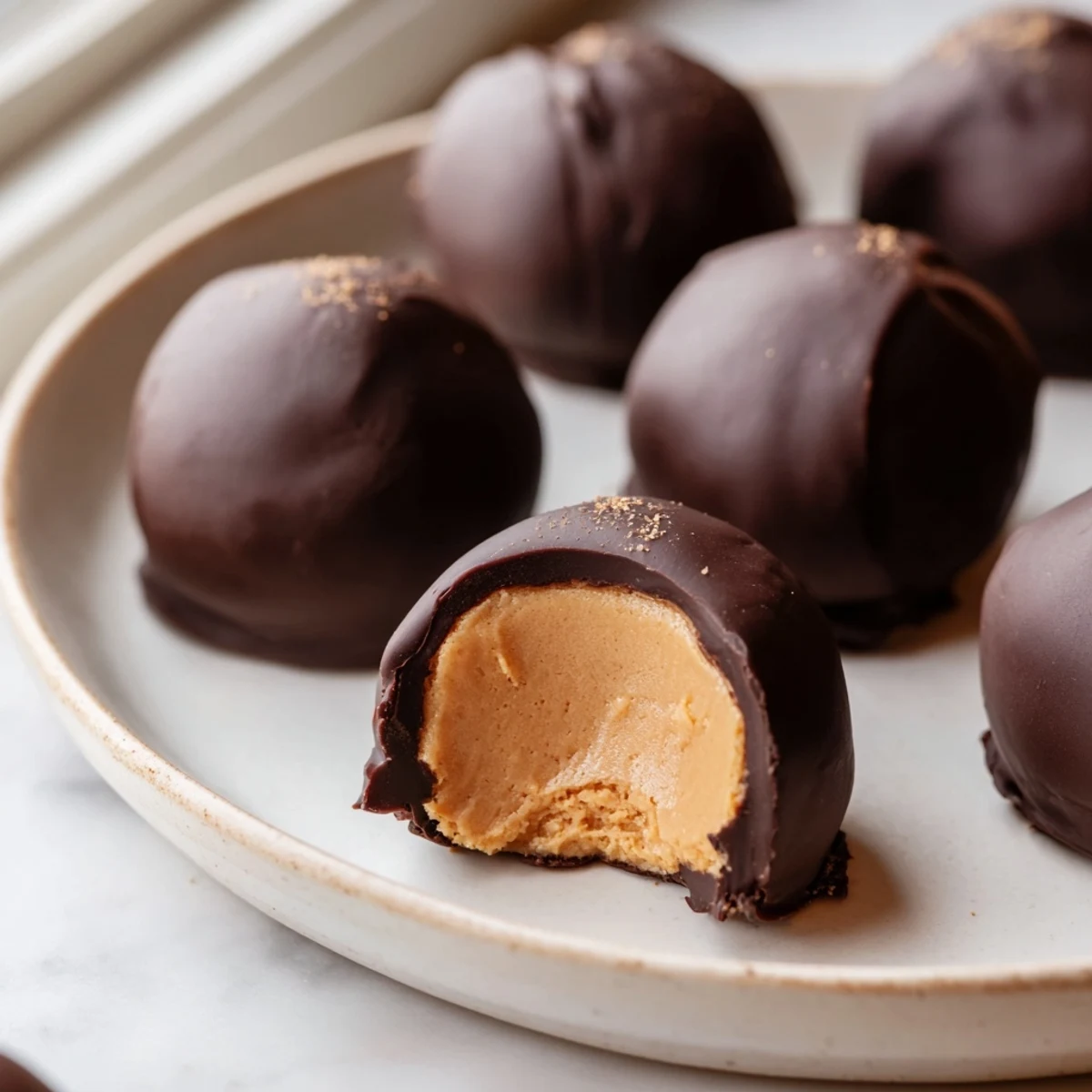 Golden peanut butter balls partially coated in rich chocolate on a parchment-lined tray